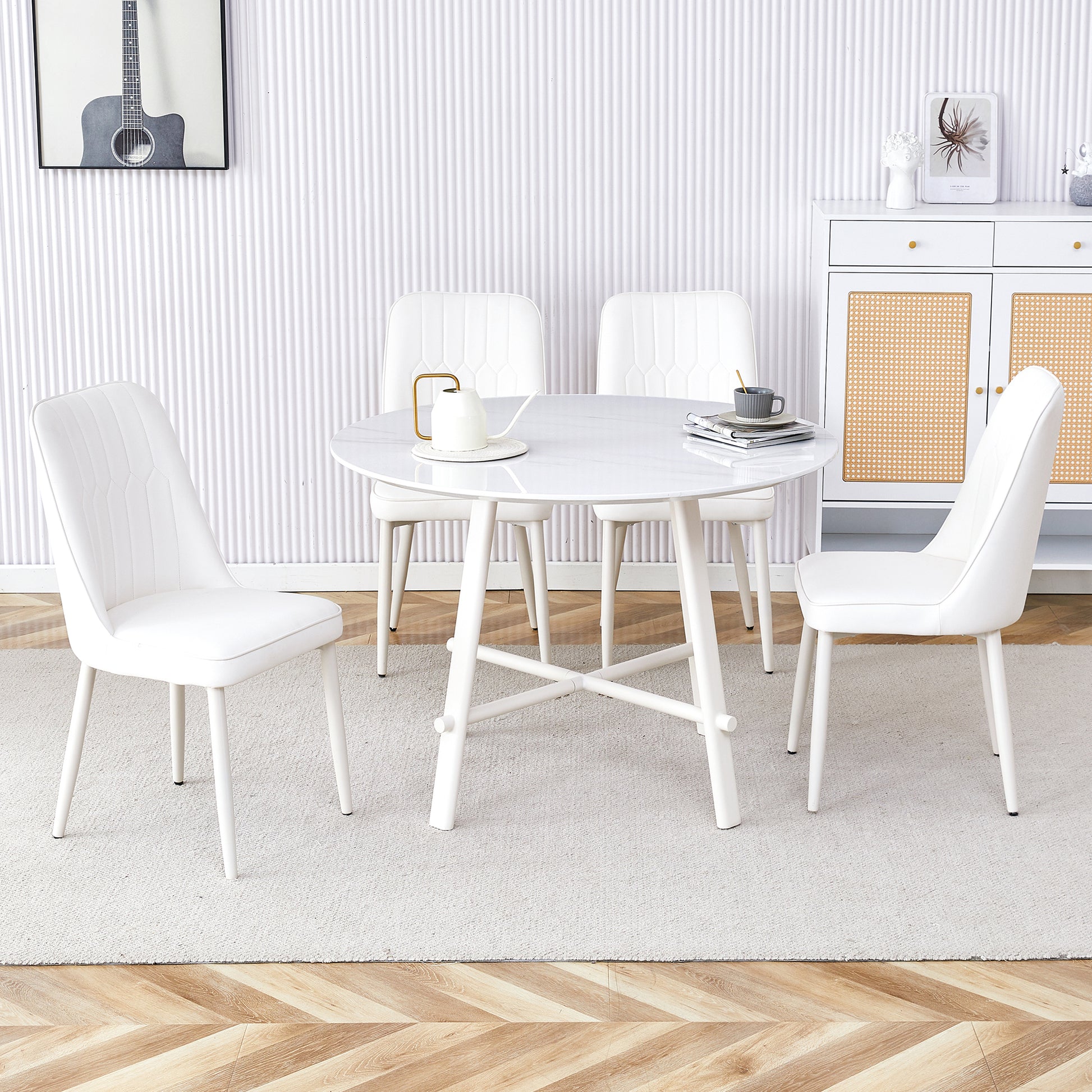 Table And Chair Set, Mdf Desktop, White Metal Table Legs, Stable And Beautiful, Suitable For Most Styles Of Home. Modern Simple Dining Table, Comfortable Seating. White Seats 4 Mdf