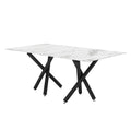 Large Modern Minimalist Rectangular Glass Dining Table, Suitable For 6 8 People, 0.39 Inch Imitation Marble Tabletop And Black Metal Legs, Used For Kitchen, Dining Room, Living Room, Conference Room. White Black Glass