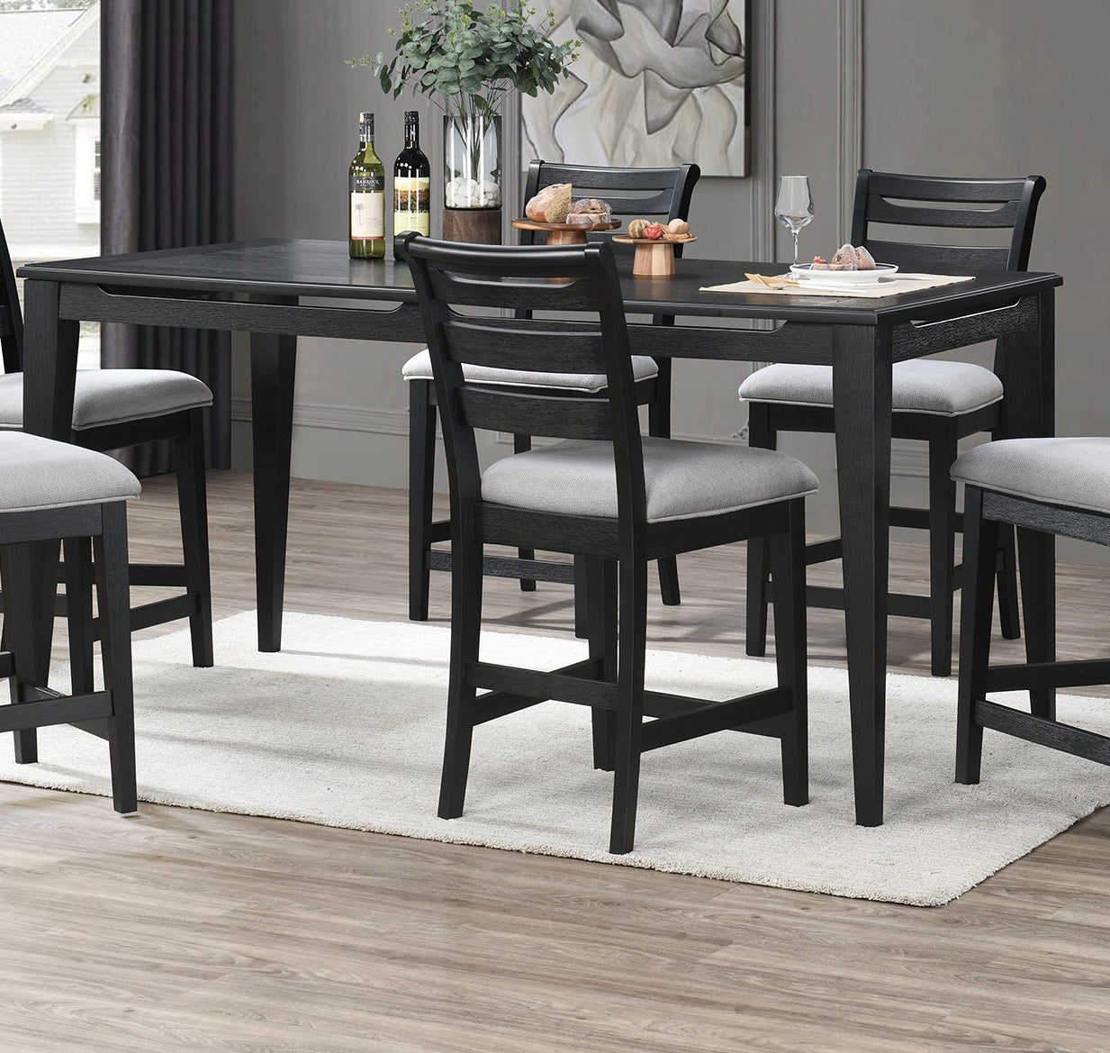 Black Color 7Pc Dining Set Counter Height Table And 6X High Chairs Upholstered Fabric Cushion Seats Solid Wood Dining Room Furniture Wood Dining Room Solid Wood Rubberwood Rectangular Dining Table With Chair Upholstered Chair Wood Black Ladder Back Seats