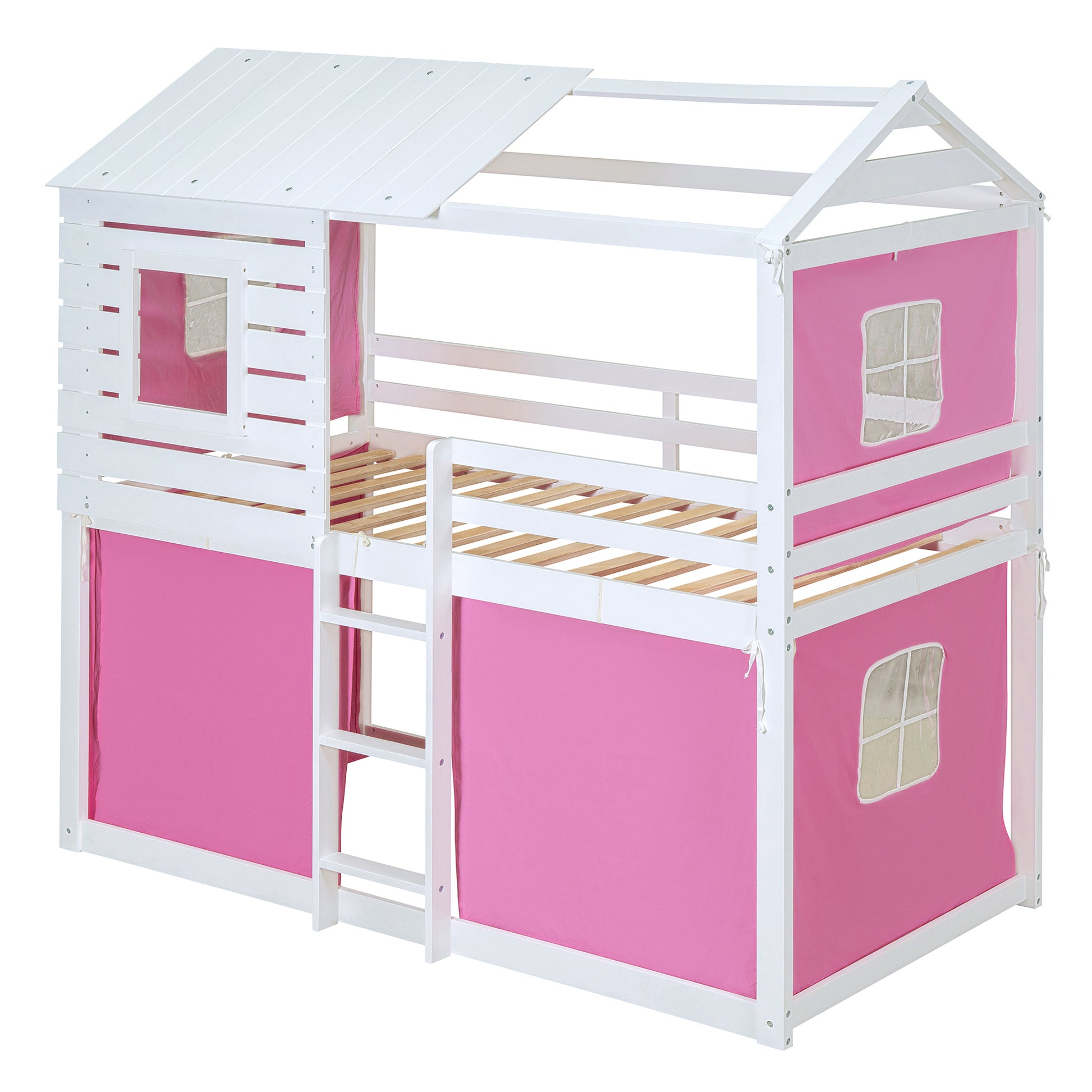 Twin Size Bunk Wood House Bed With Tent, Pink White Twin Pink White Solid Wood Mdf