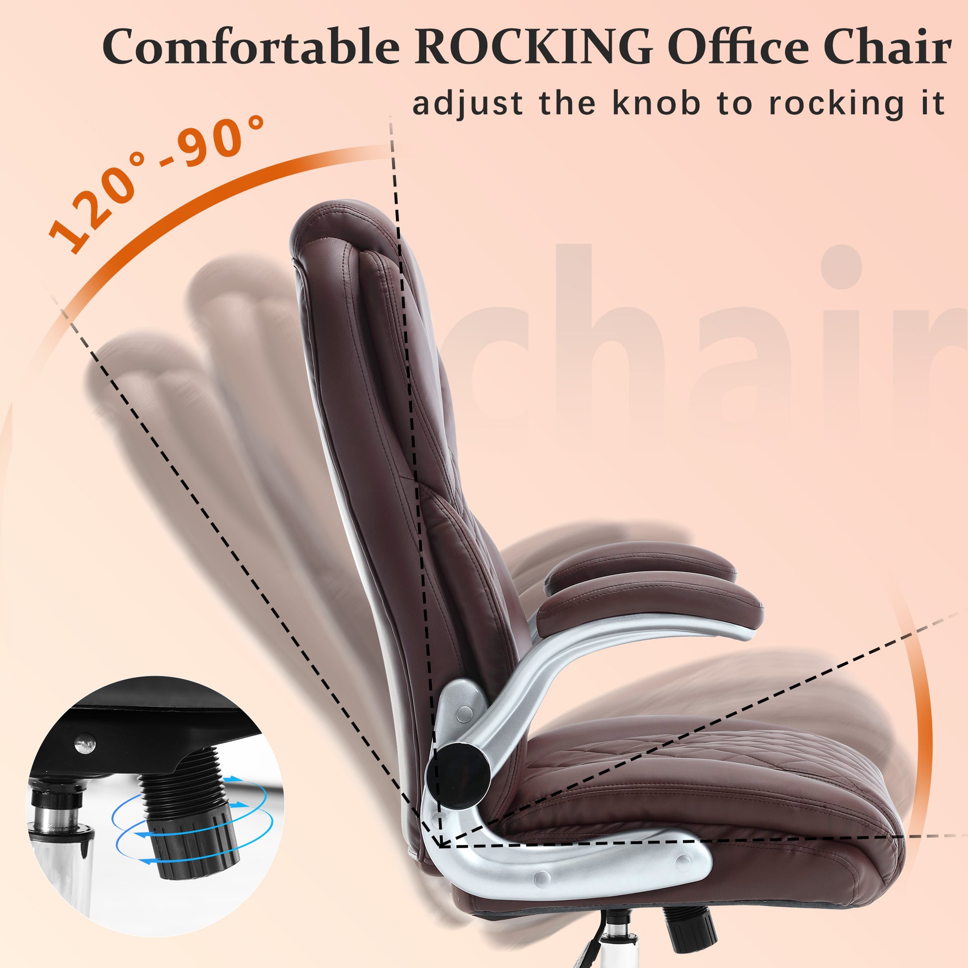 Ergonomic Office Chair With Flip Up Armrests And Wheels, Leather Rocking Executive Office Chair, Brown Brown Foam Pu Leather