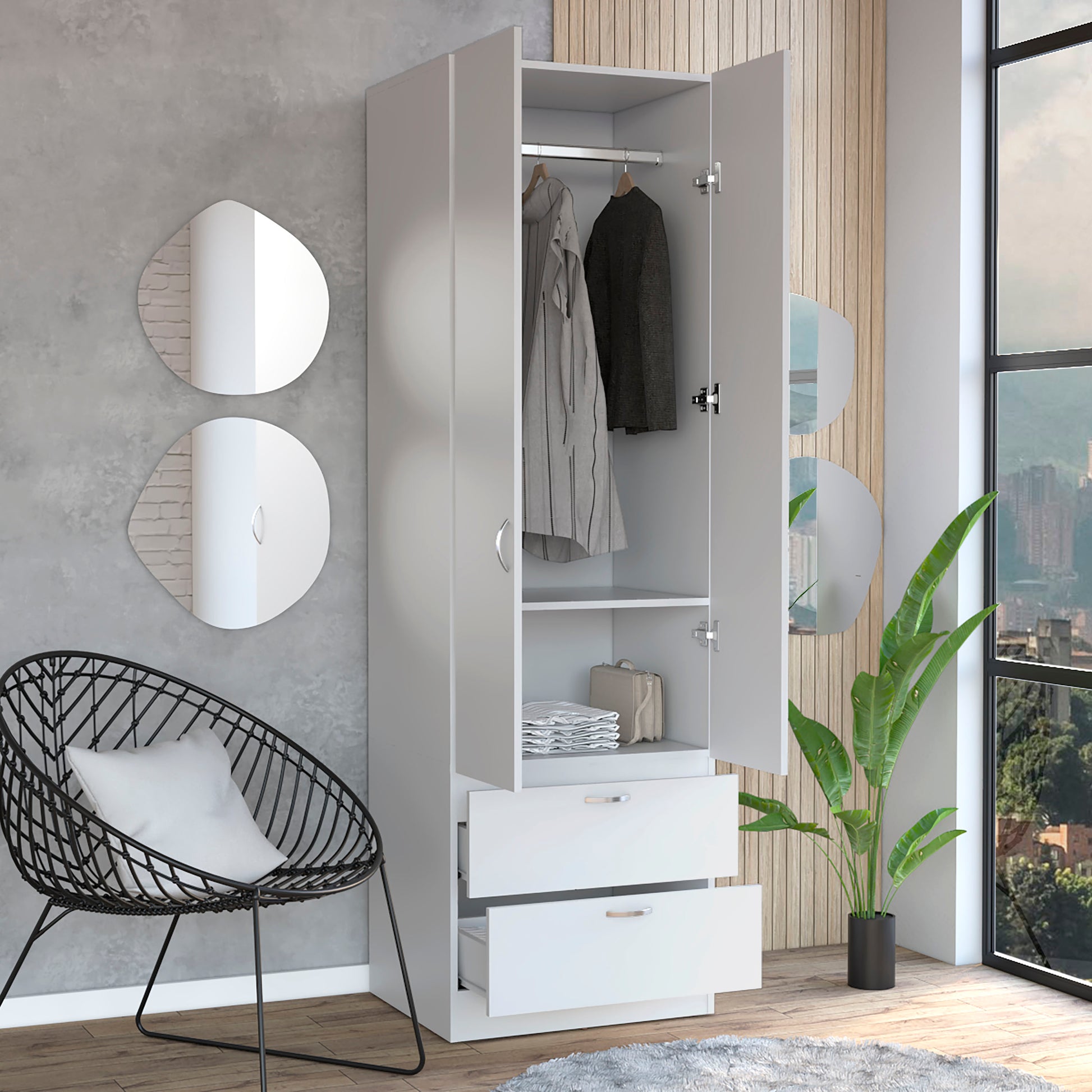 Vico 76" High Armoire Wardrove Closet With 2 Drawers, Double Door Cabinetone Shelf And Hanging Rod, Bedroom Clothes Storage Cabinet Organizer White Bedroom Modern Particle Board Engineered Wood