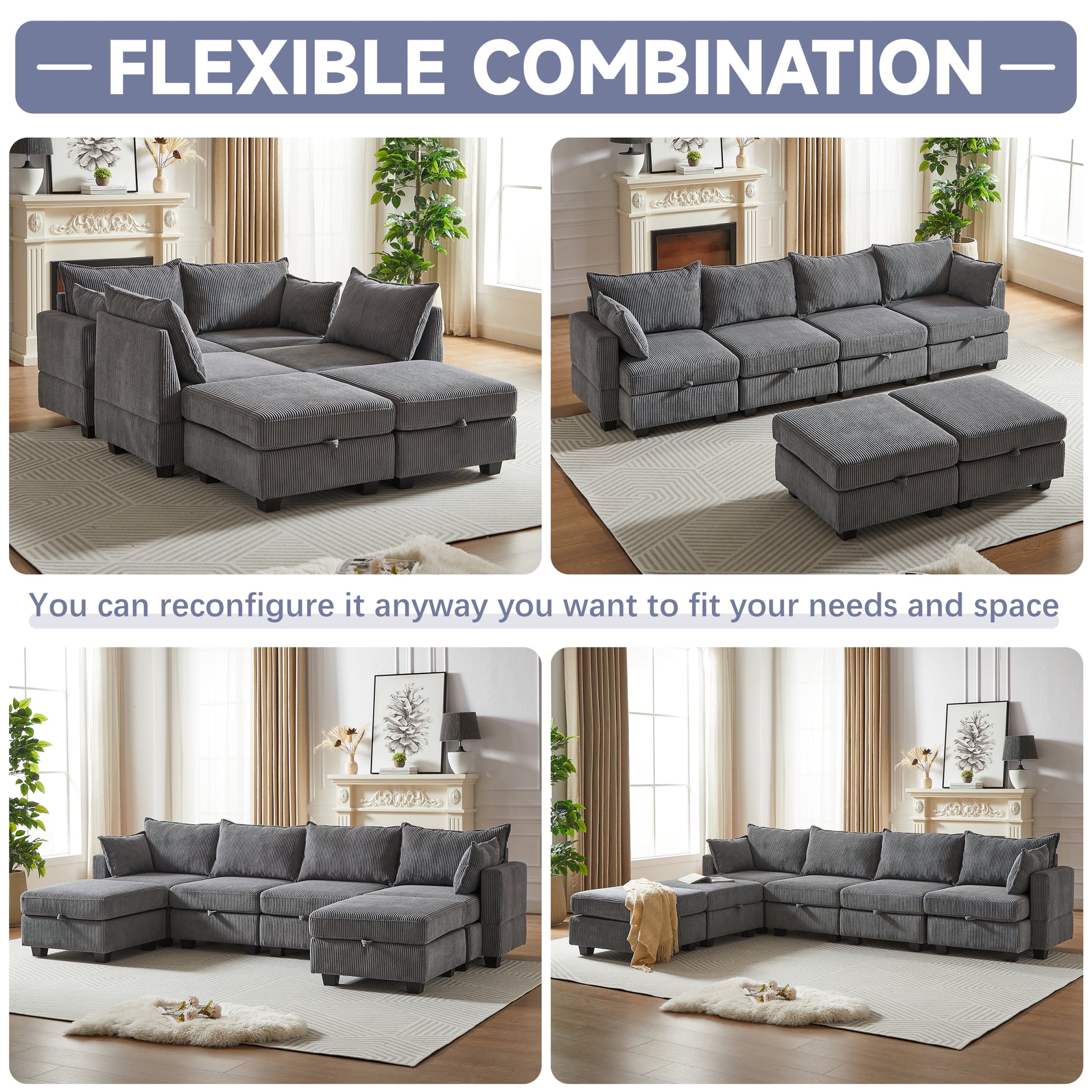 113.5'' Modular Sectiona Corduroy Sofa, Sectional Couches For Living Room U Shaped Sectional Couch With Storage Ottoman, 6 Seats Convertible Sectionals With Chaise Dark Gray Corduroy 6 Seat