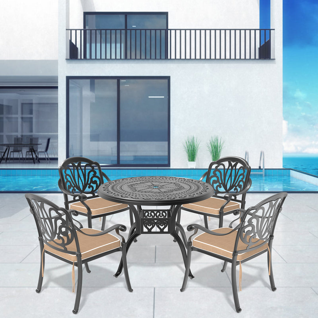 Cushions In Random Colors 5 Piece Set Of Cast Aluminum Patio Furniture With Cushions Yes Dining Set Black Seats 4 Rust Resistant Frame Water Resistant Cushion Garden & Outdoor Complete Patio Sets Aluminium