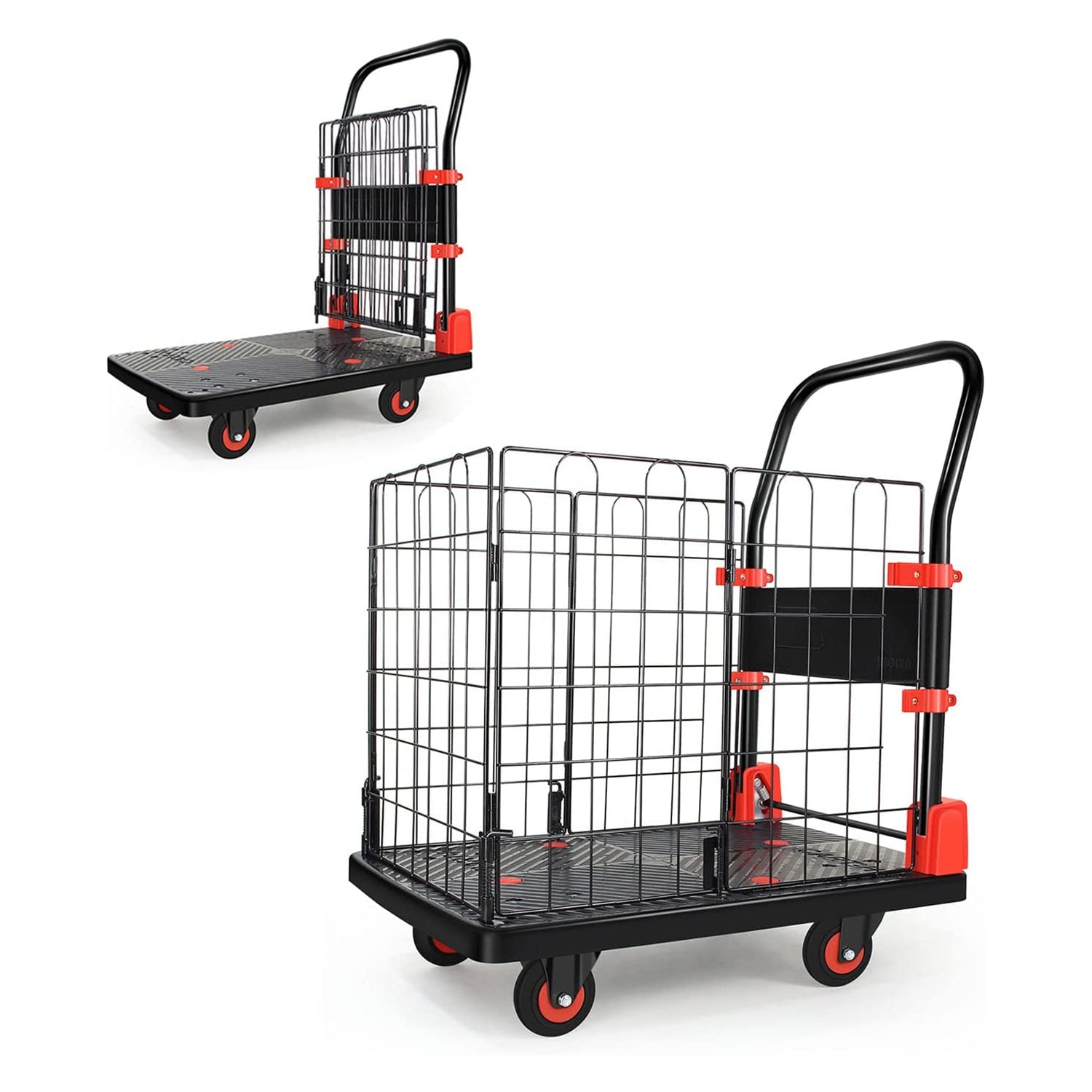 Foldable Platform Push Hand Truck Cart, Basket Cage Cart, 330 Lbs. Weight Capacity Black Red Metal