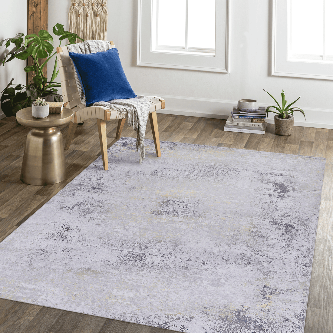 8X10 Area Rugs For Living Room, Washable Rug, Low Pile, Non Slip, Non Shedding, Foldable, Kid & Pet Friendly Area Rugs For Living Room, Bedroom, Kitchen, Dining Room Rug, Gray Gold, 8' X 10' Gray Chenille Polyester