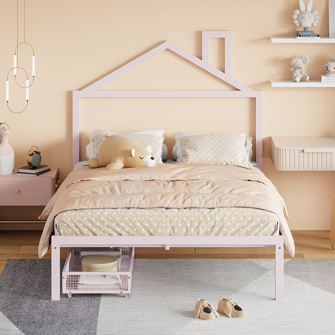 Full Size Metal Platform Bed With Two Drawers,House Shaped Headboard Design, Pink Full Pink Metal