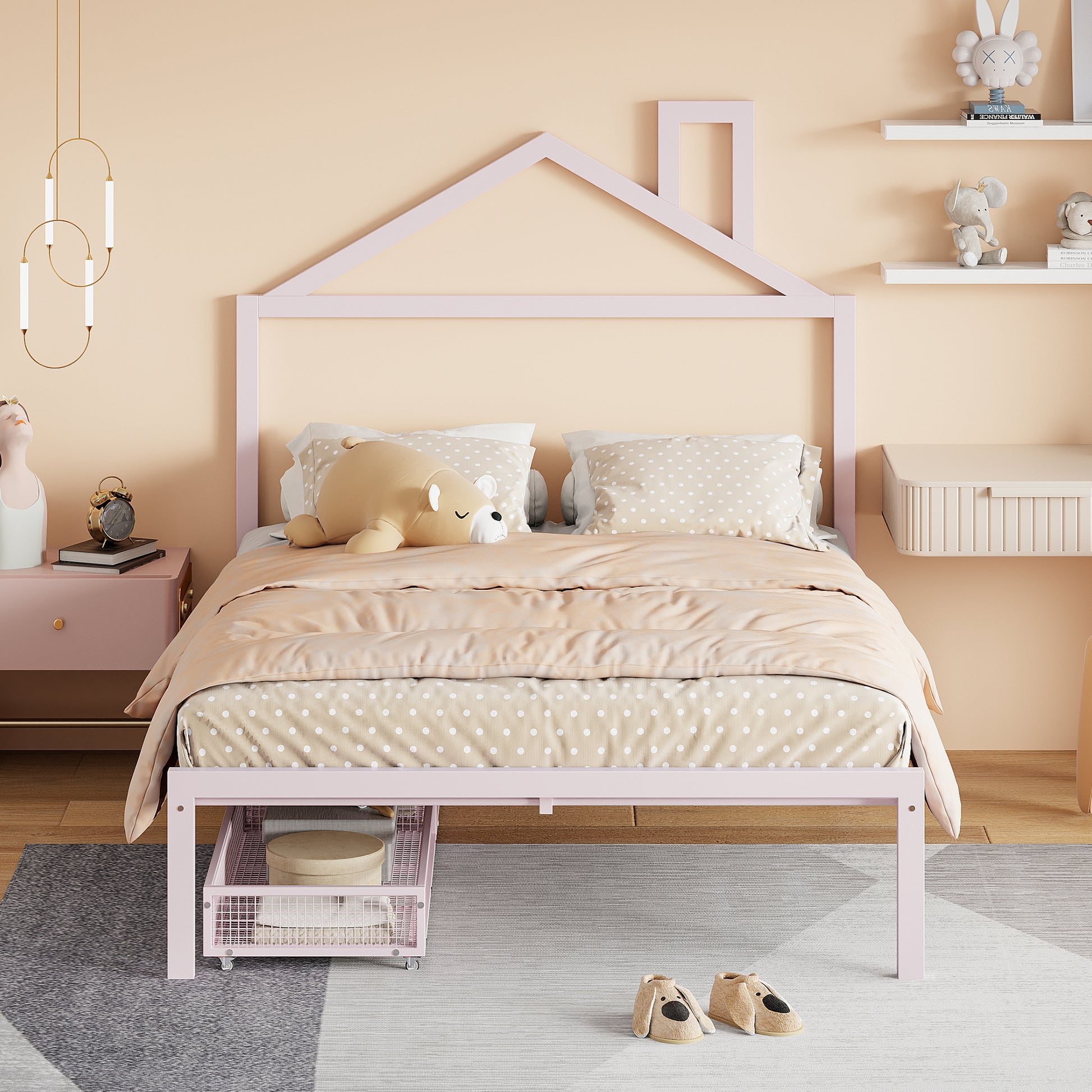 Full Size Metal Platform Bed With Two Drawers,House Shaped Headboard Design, Pink Full Pink Metal