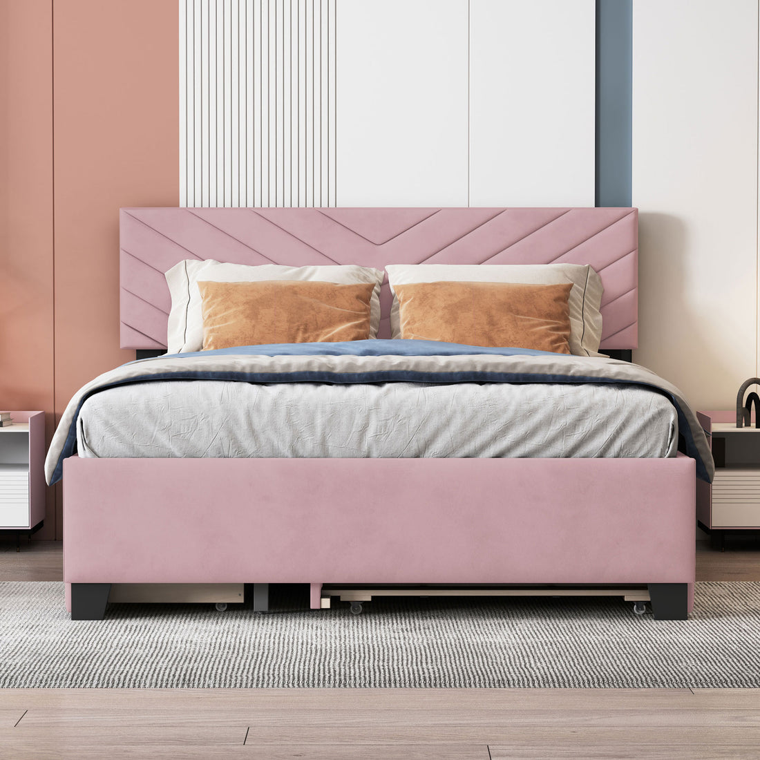 Queen Size Upholstered Platform Bed With Twill Headboard, Pullout Bed And Two Drawers, Flannel,Pink Queen Pink Mdf Lvl