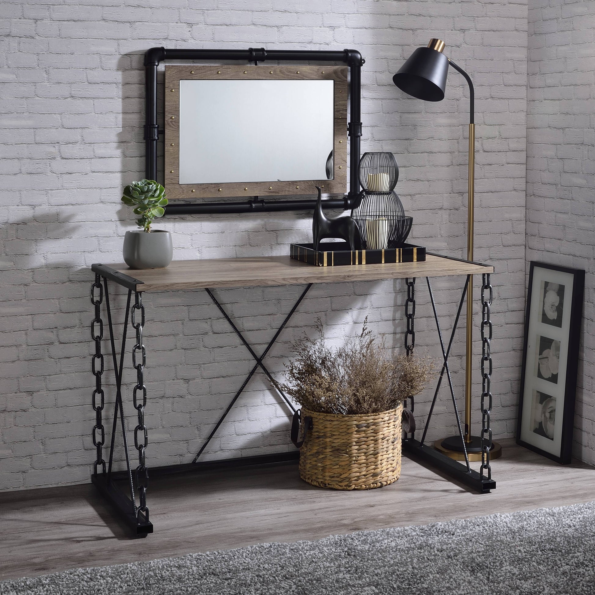 Rustic Oak And Antique Black Rectangular Console Table Rustic Primary Living Space Industrial Freestanding Console Tables Rectangular Wood Metal Sled