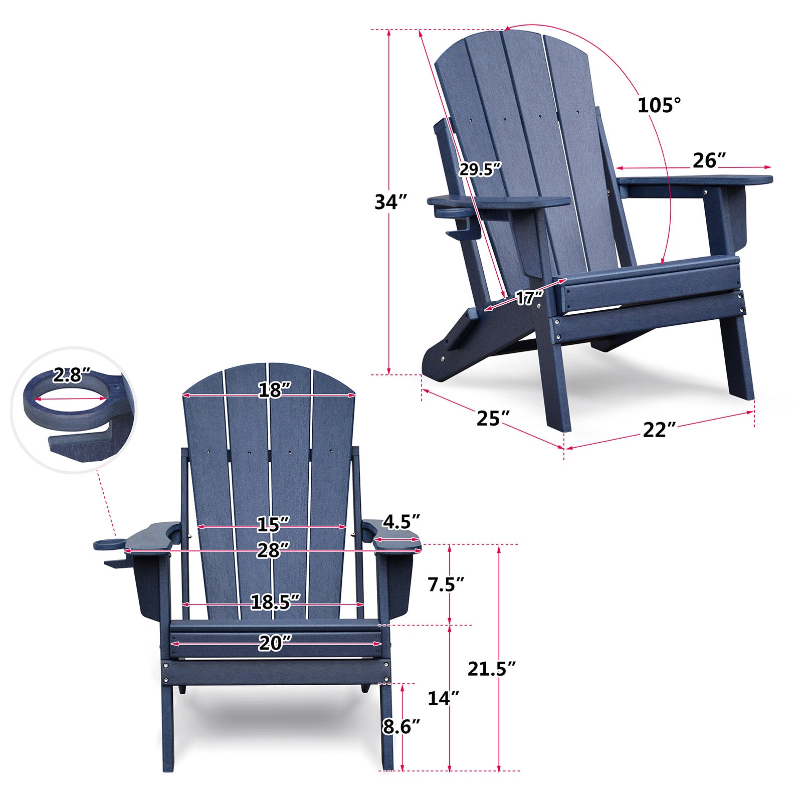 Folding Outdoor Adirondack Chair For Relaxing, Hdpe All Weather Fire Pit Chair, Patio Lawn Chair For Outside Deck Garden Backyardf Balcony, Navy Blue Navy Blue Uv Resistant Frame Garden & Outdoor Beach,Modern Complete Patio Sets Hdpe