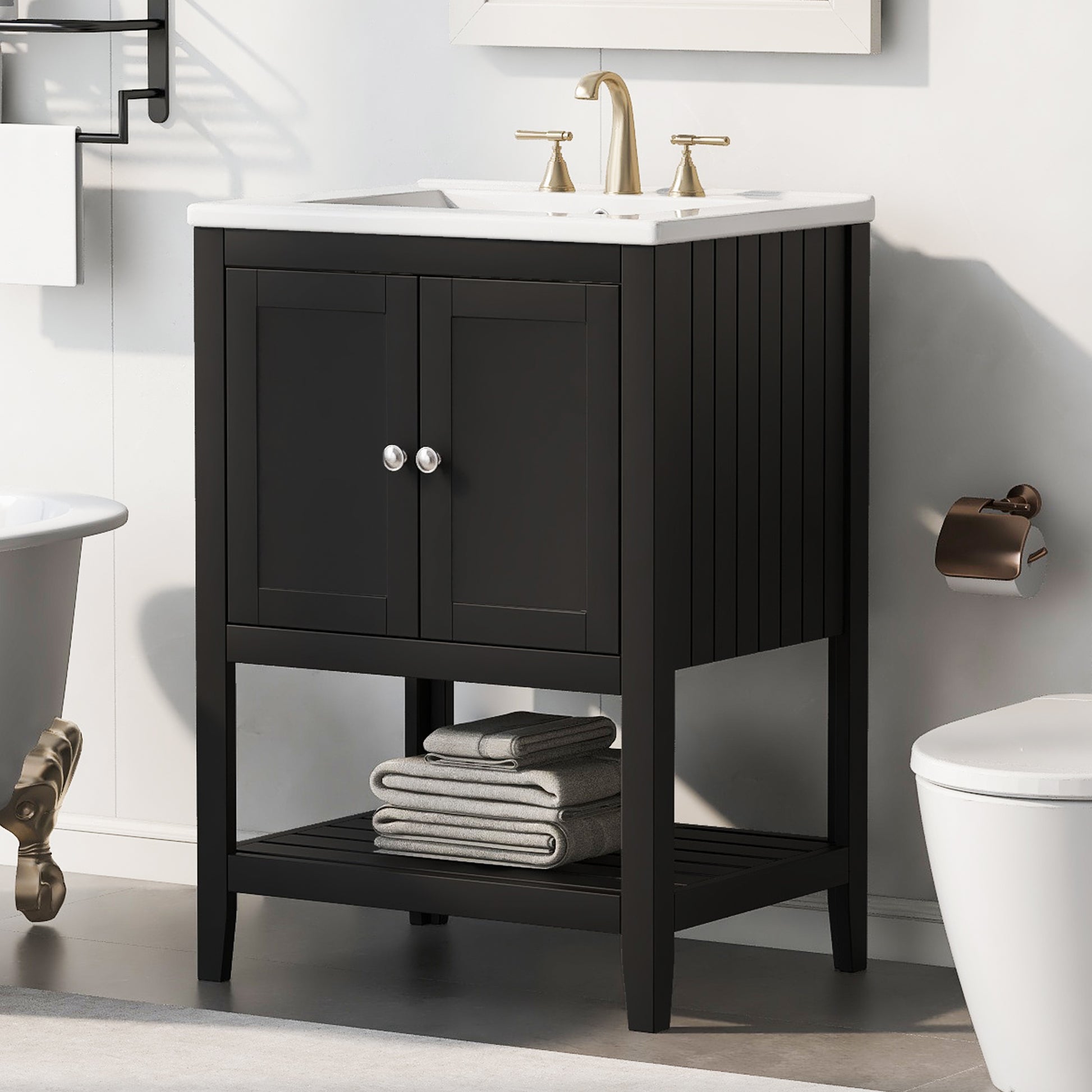 Video 24" Black Modern Sleek Bathroom Vanity Elegant Ceramic Sink With Solid Wood Frame Open Style Shelf Black Solid Wood Mdf