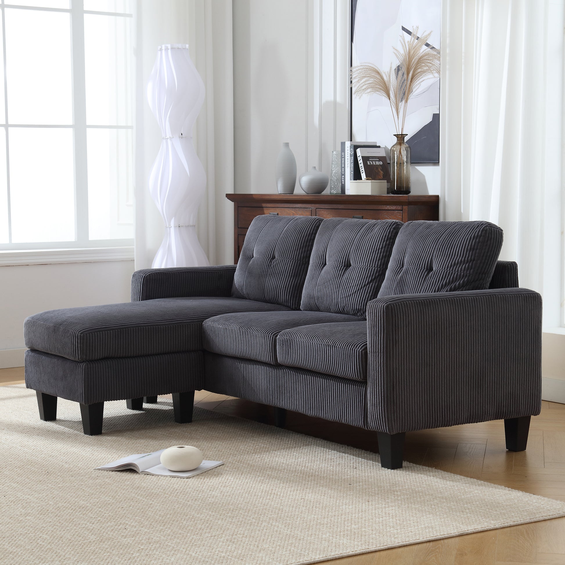 Velvet Sectional Couchl Shaped Sofa With Ottoman For Small Apartment Dark Gray Velvet 3 Seat