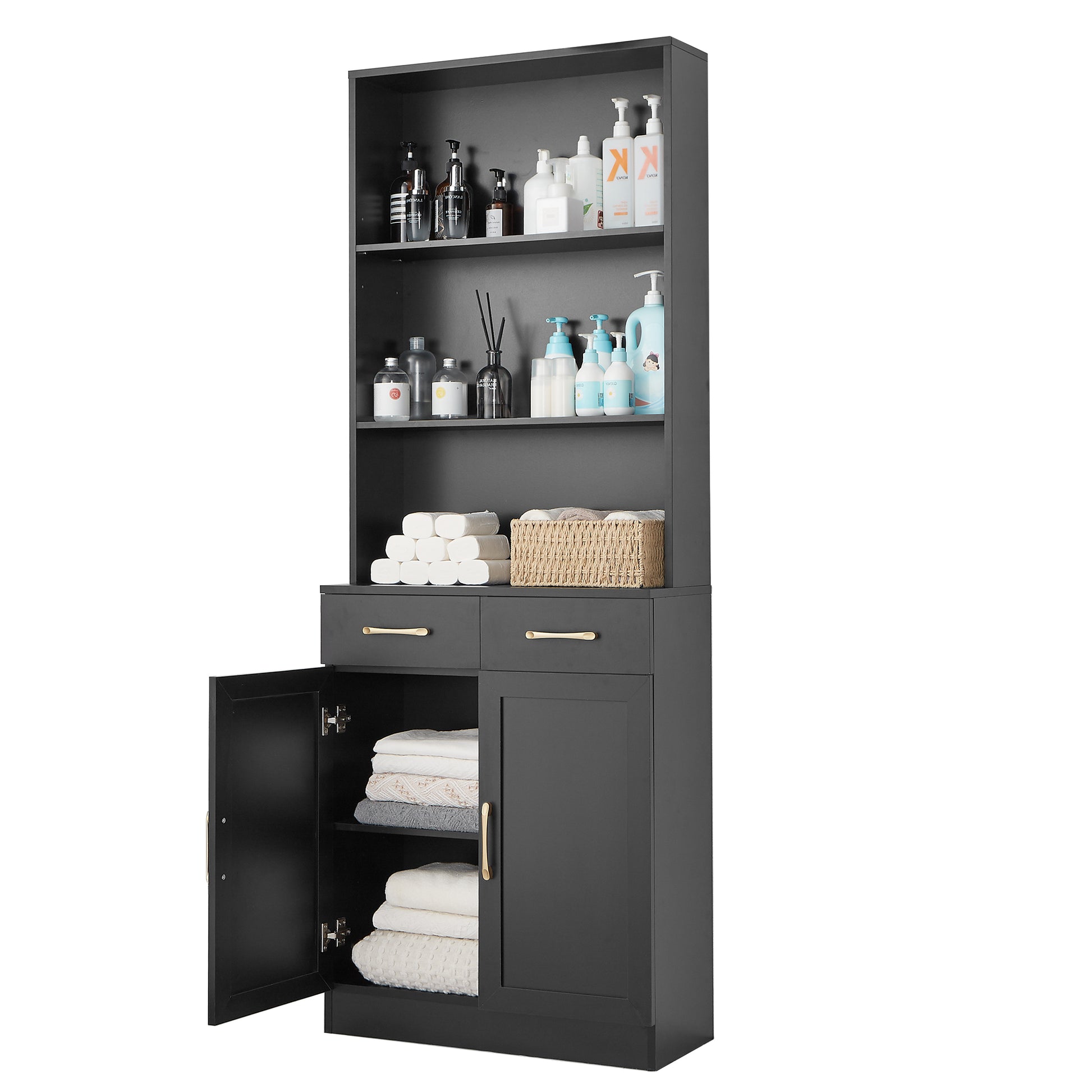 Bathroom Storage Cabinet, Cabinet With Two Doors And Drawers, Adjustable Shelf, Three Layer Open Shelf, Mdf Board, Black Black Mdf