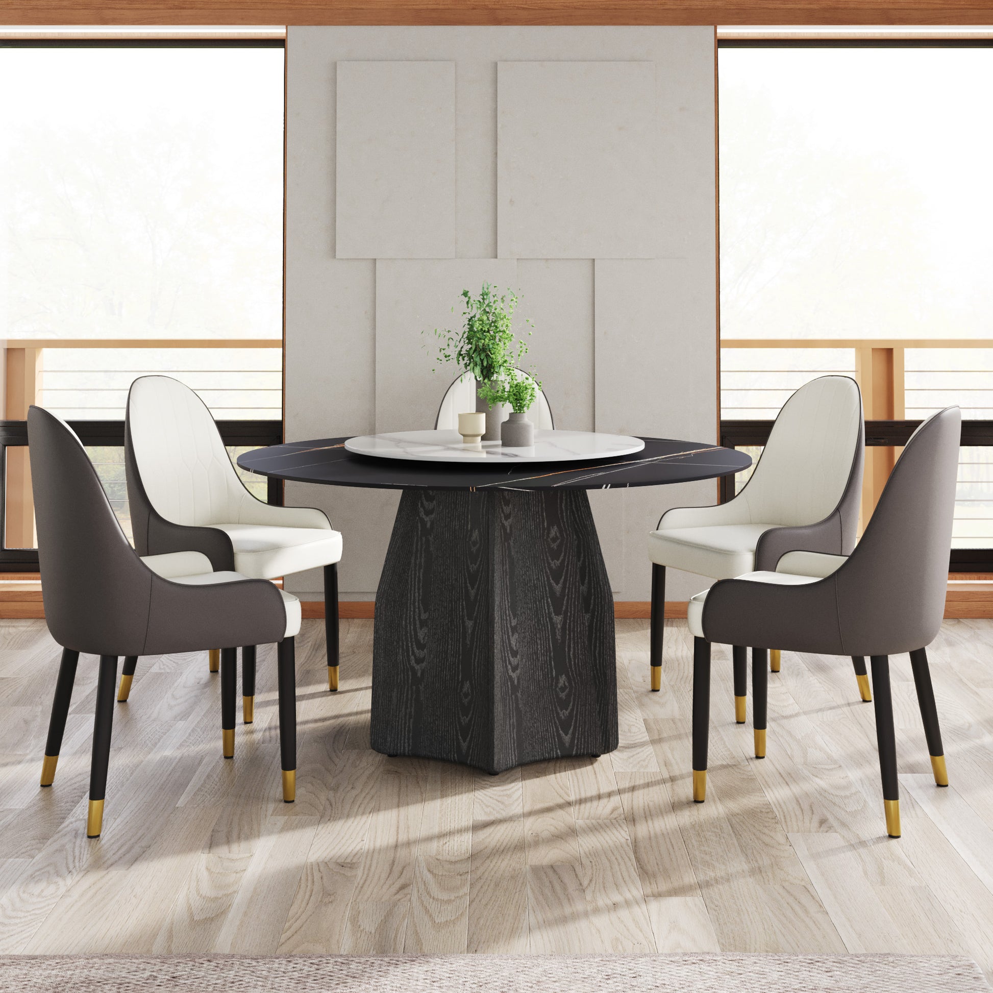 53" Round Marble Dining Table With Black Textured Solid Wood Base, Artificial Marble For 6 People, 23.62"White Artificial Stone Turntable,Black&White Dining Table Only Black,White Dining Room Modern