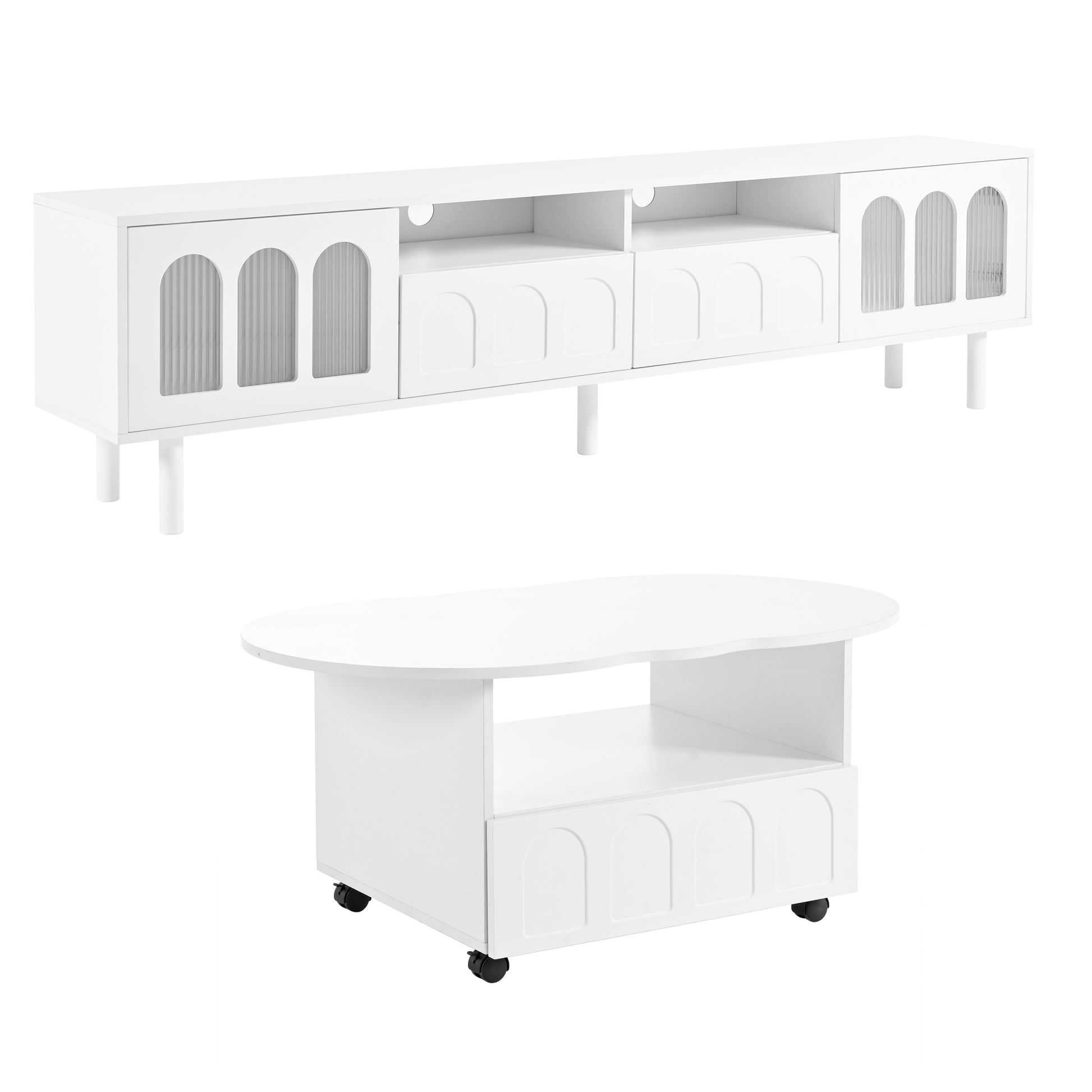 Cream Style Tv Stand And Coffee Table Set Of 2, Led Light Strip Tv Stand For Tvs Up To 80'', Cloud Top Coffee Table With 2 Brake Wheels For Living Room, White White 80 89 Inches Particle Board