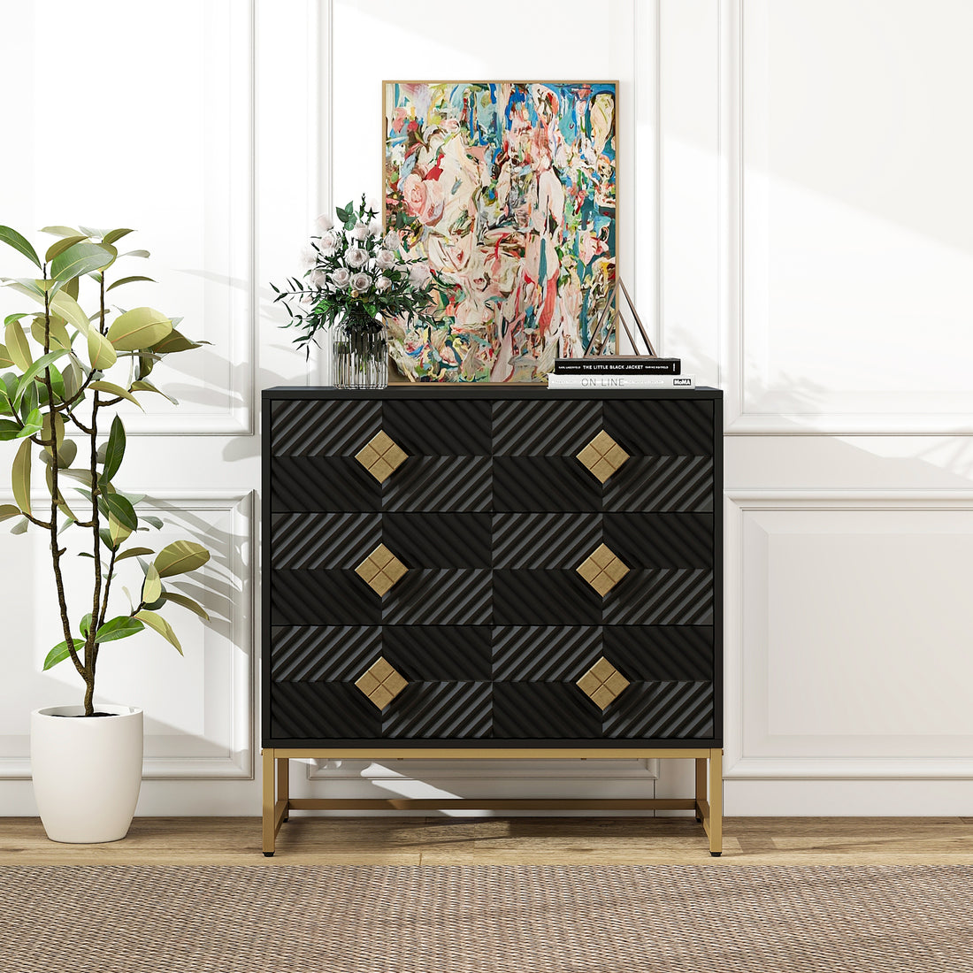 3 Drawer Storage Cabinet,3 Drawer Modern Dresser, Chest Of Drawers With Decorative Embossed Pattern Door For Entryway,Living Room,Bed Room Black Particle Board Mdf