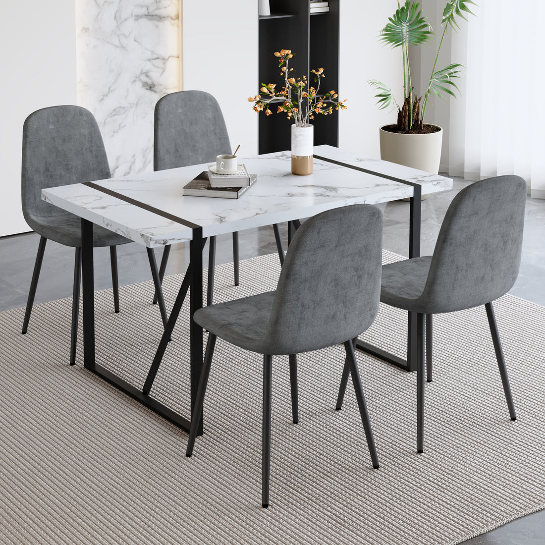 Table And Chair Set.A Modern Minimalist White Marble Veined Mdf Dining Table With Metal Frame.Paired With 4 Dark Gray Dining Chairs With Fabric Cushion And Black Metal Legs. Dark Gray,White Seats 4