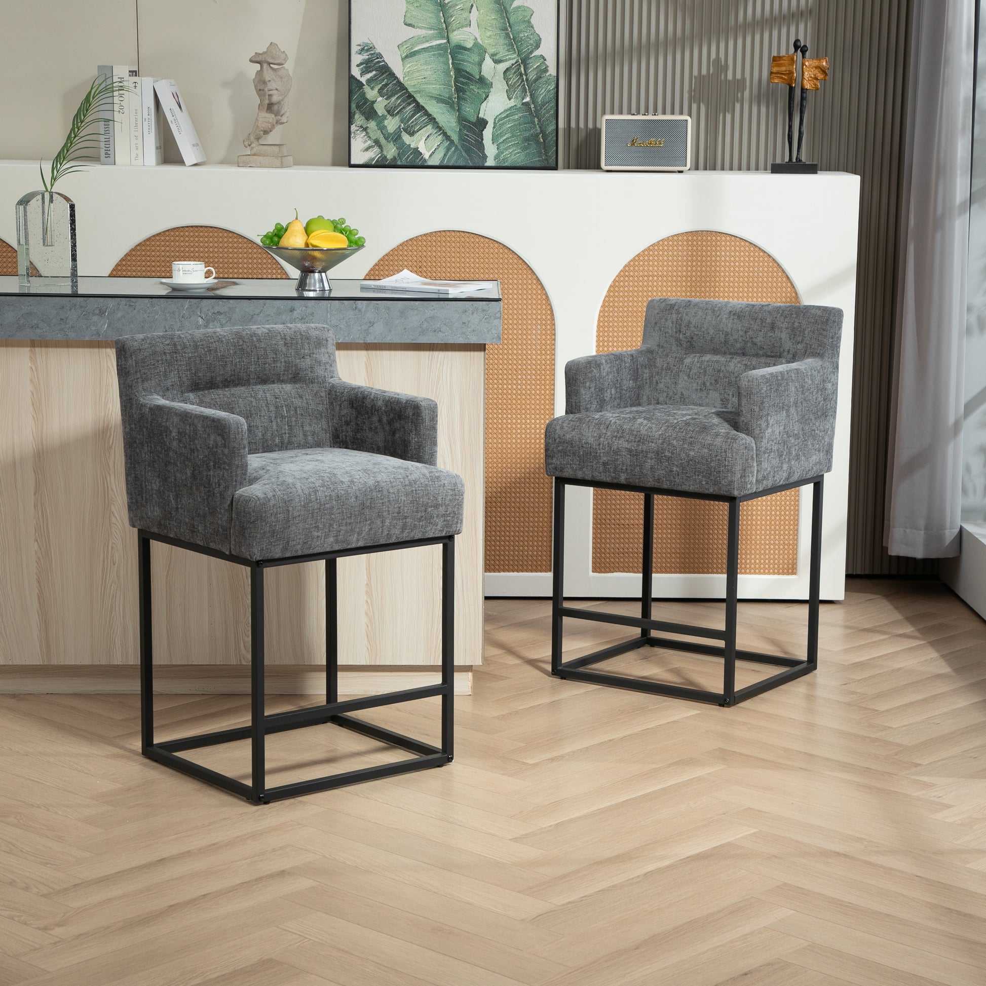 Coolmore Counter Height Bar Stools Set Of 2, Modern Barrel Bar Stool With Backrest And Arms, Black Metal Frames, Upholstered Bar Stools For Kitchen Island, Pub, Club Gray Foam Chenille
