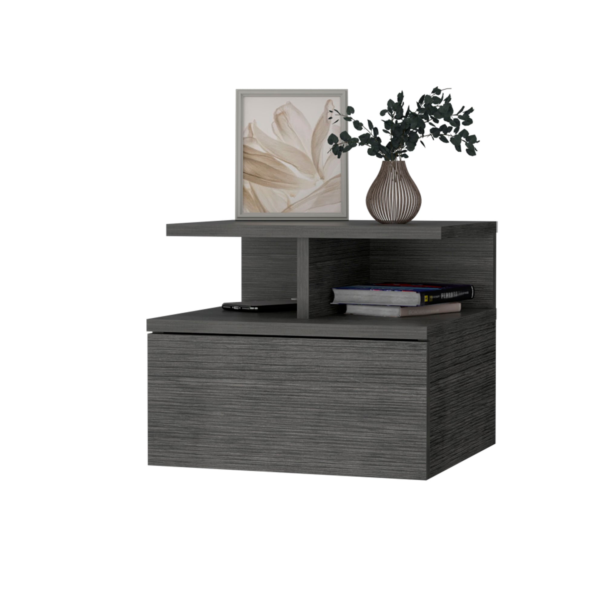 Augusta Floating Nightstand With 2 Tier Shelf And 1 Drawer Smoke 1 Drawer Bedroom Open Storage Contemporary Pine Shelving Pine Particle Board Engineered Wood