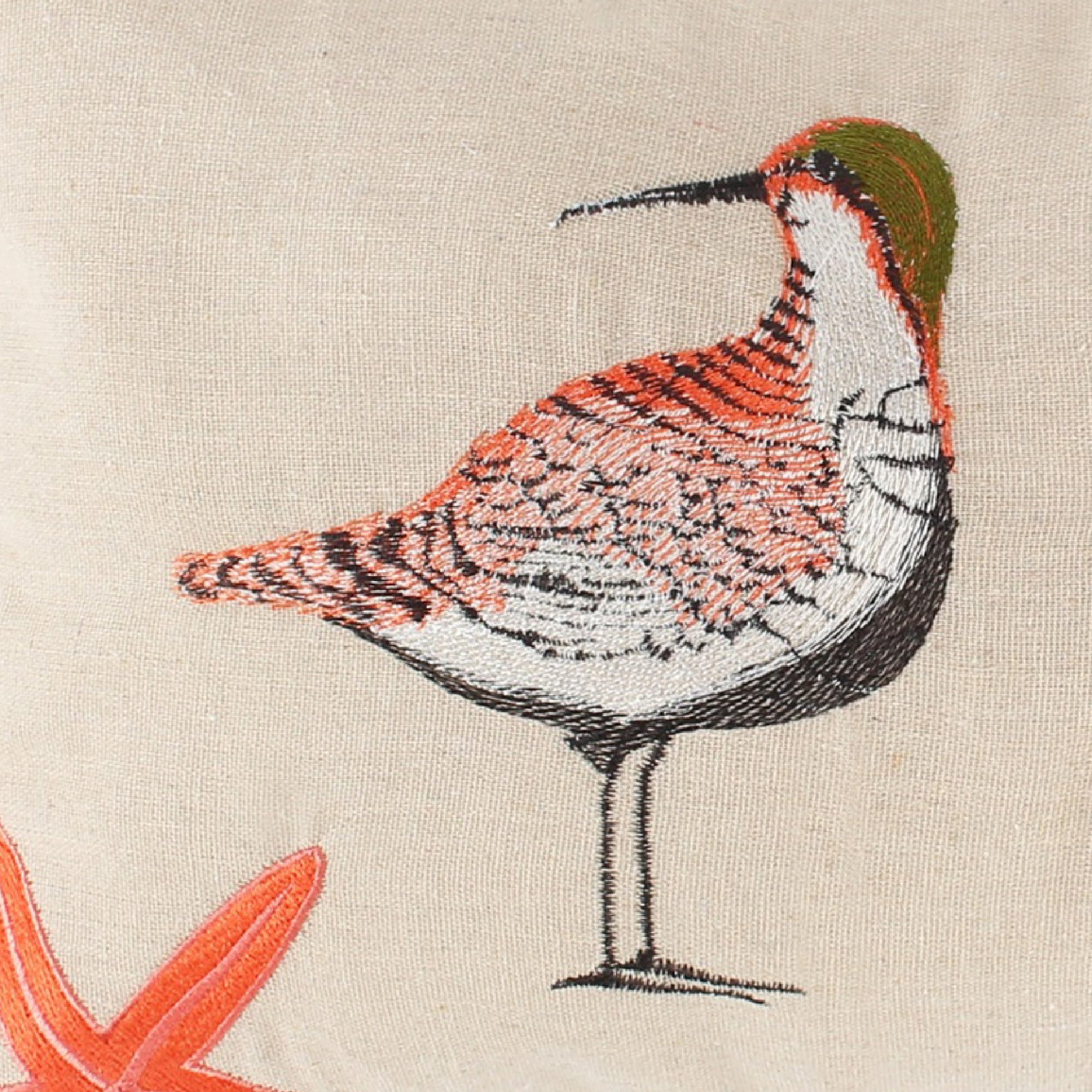 Vira 20 Inch Throw Pillow, Hand Embroidered Shorebirds, Canvas And Linen Multicolor Polyester