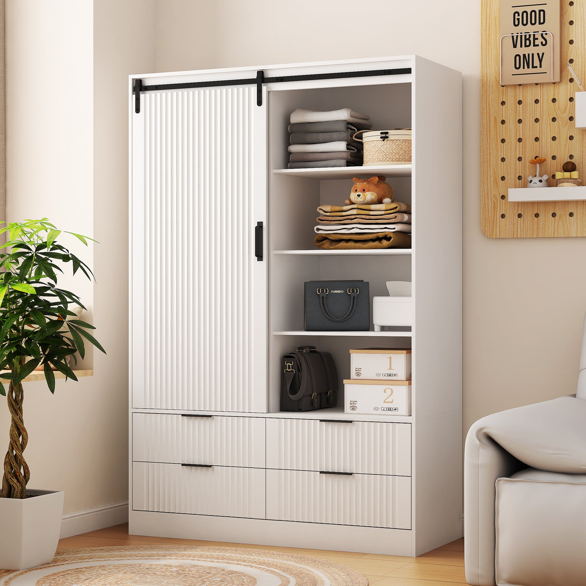 Tall Bedroom Armoire Wardrobe Closet Clothing Storage Cabinet With Hanging Rod Barn Door Drawers Open Shelves,White White Mdf Tall Bedroom Armoire Wardrobe Closet Clothing Storage Cabinet With Hanging Rod Barn Door Drawers Open Shelves,White White Mdf