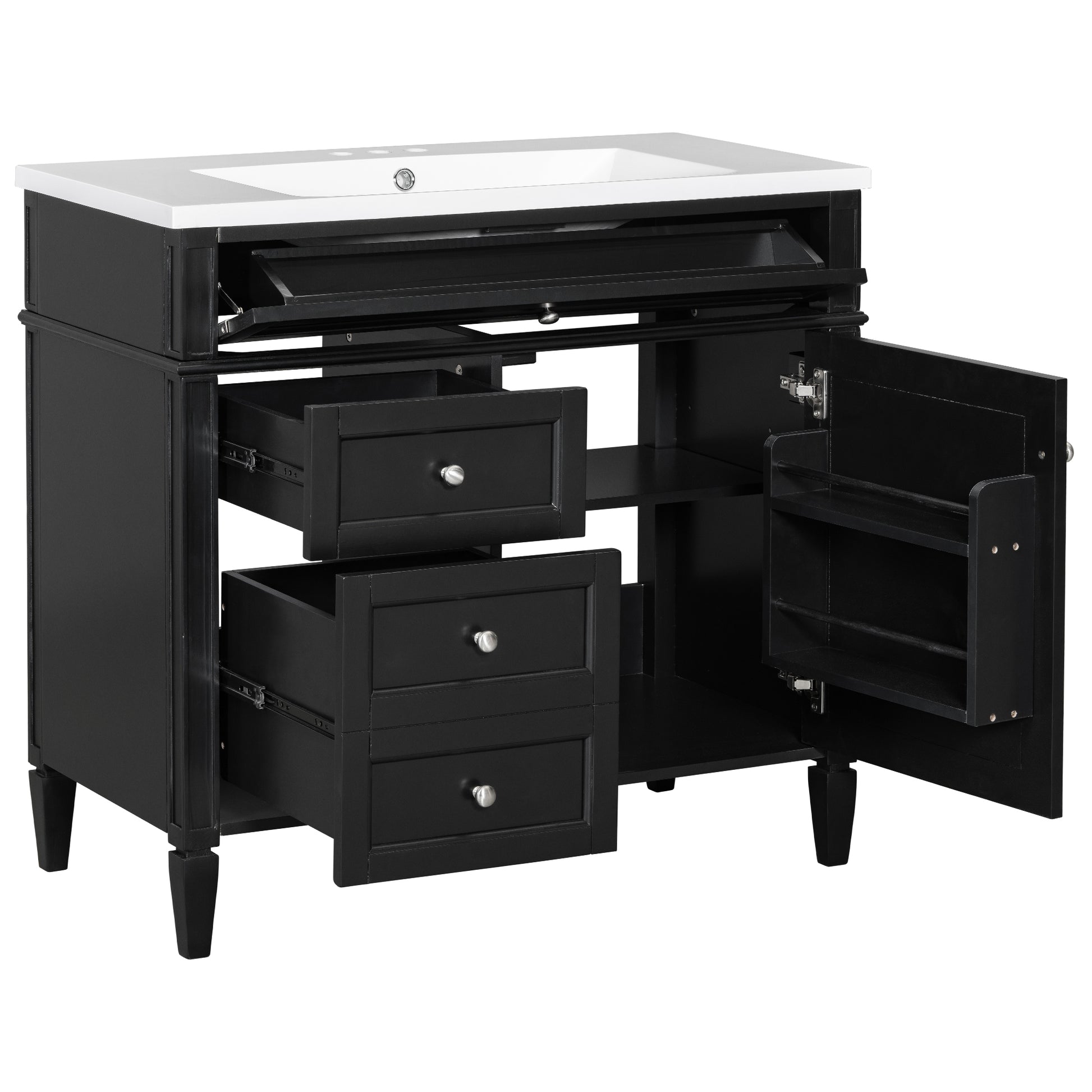 36'' Bathroom Vanity With Top Sink, Modern Bathroom Storage Cabinet With 2 Drawers And A Tip Out Drawer, Single Sink Bathroom Vanity Black Bathroom Solid Wood Mdf