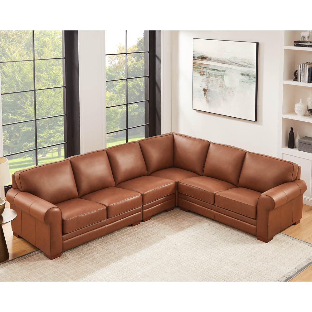 Brookfield Leather L Shaped Convertible Sectional Brown Genuine Leather Primary Living Space Medium Firm Cushion Back Mid Century Modern L Shaped Eucalyptus Rolled Arms Down Filling Leather 6 Seat