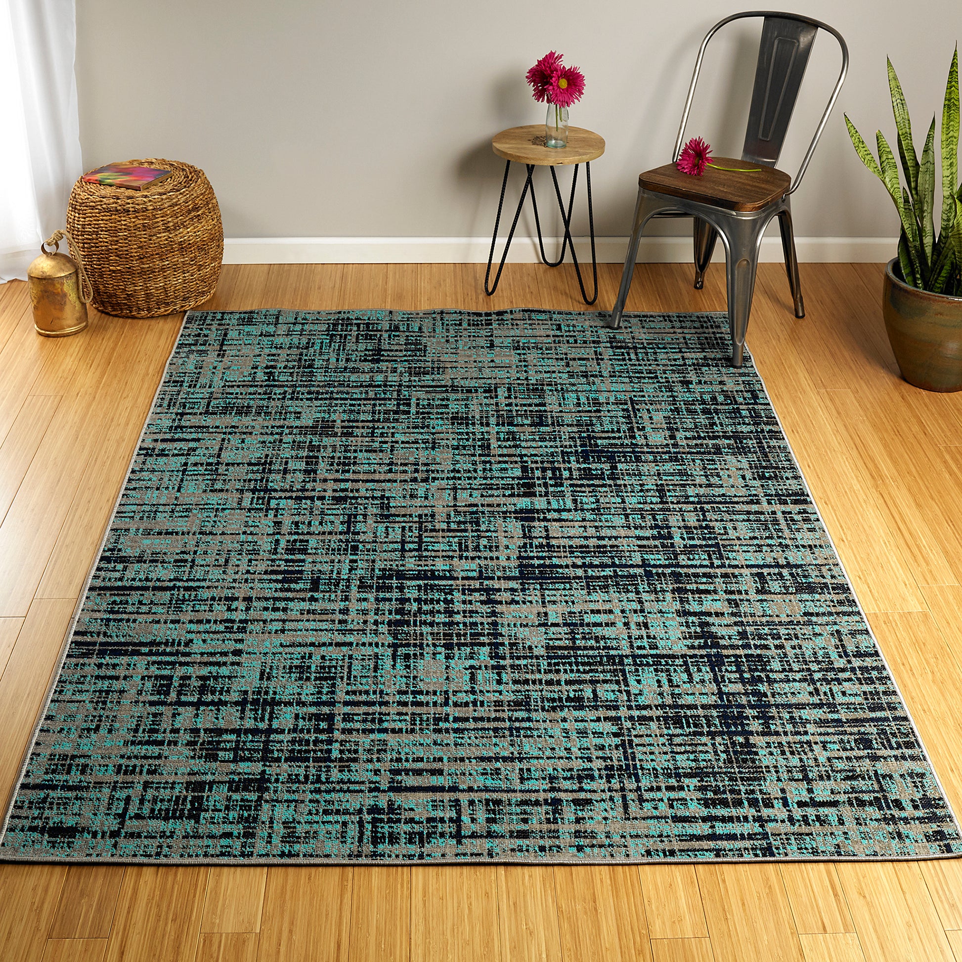 Casual, Modern, Traditional, Transitional, Ikat, Global Inspired, Vintage, Textured Cut Pile 3'11" X 5'3" Rectangle Area Rug Turquoise Polypropylene