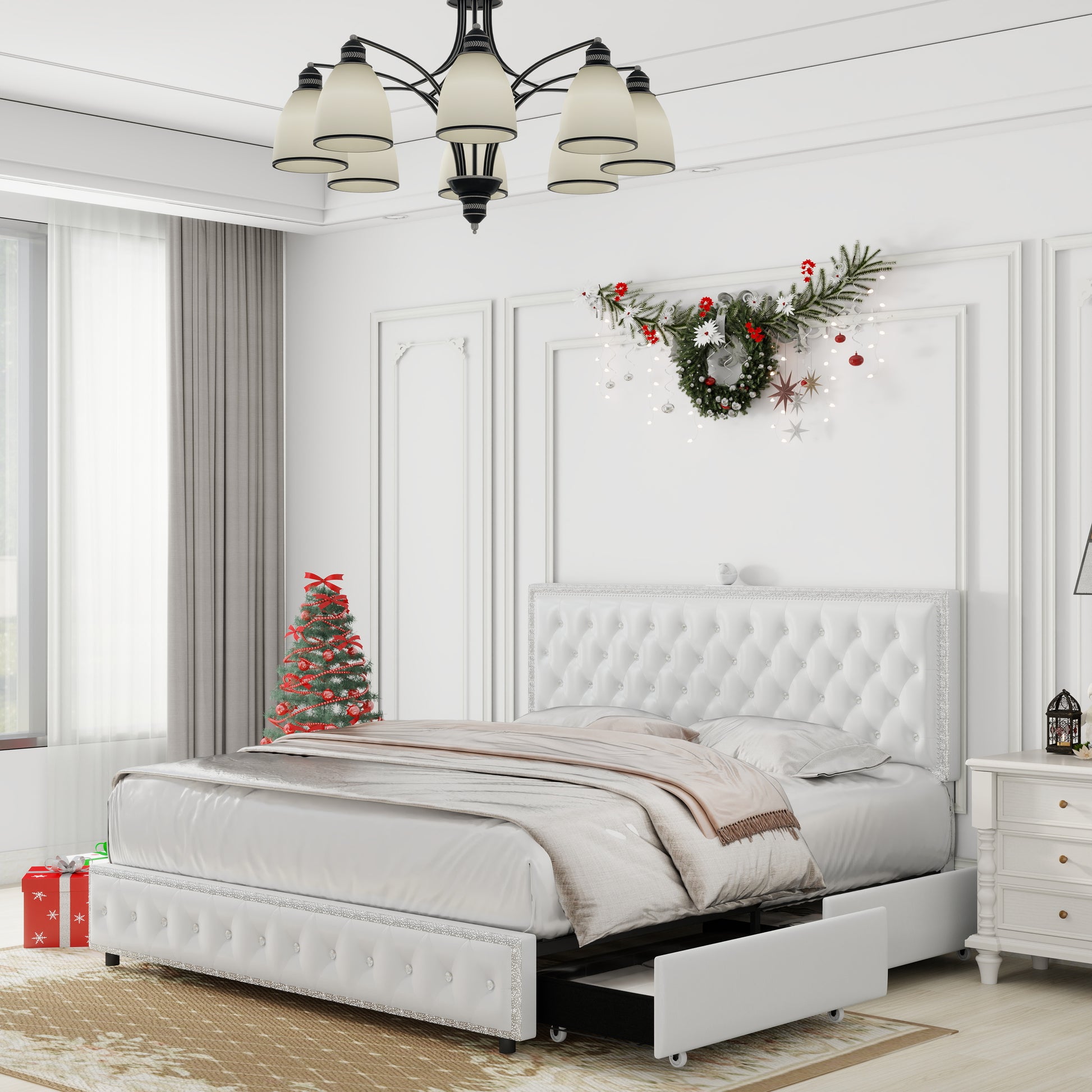 Queen Size Bed Frame With 4 Drawers, Star Galaxy Projector, Usb Charger, Music Speaker, Adjustable Upholstered Headboard With Diamond Button,Pu Leather White Pu Mdf Metal