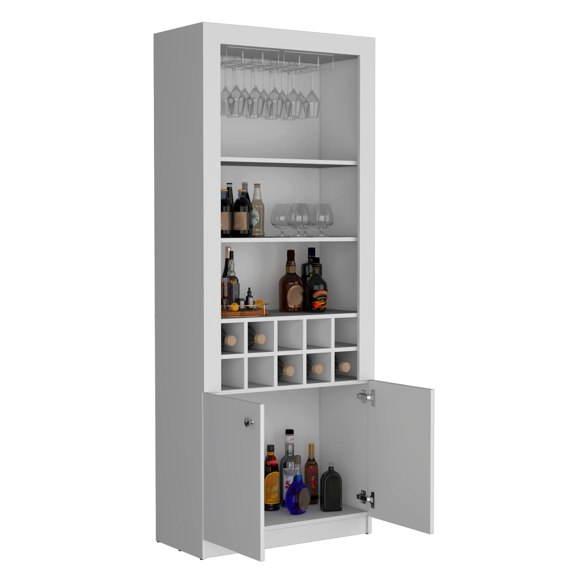 Nero 74 Inch Tall Bar Cabinet 4 Tier Modern Bar Cabinet With Glass Holder Stemware Rack, Wine Cabinet, Liquor Cabinet, 10 Bottle Cubbies And 4 Shelves. White Primary Living Space Modern Particle Board Shelves Included Engineered Wood