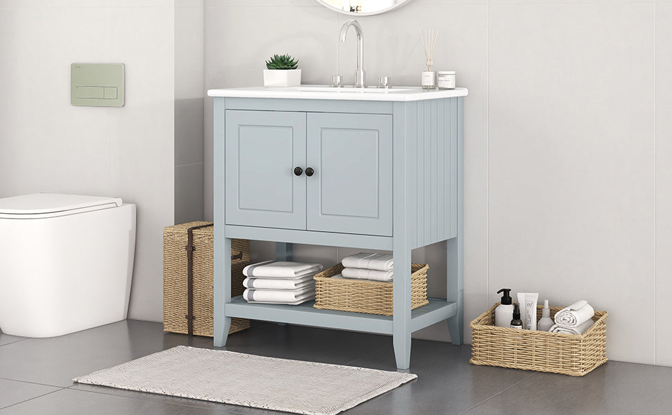 30" Gray Modern Sleek Bathroom Vanity Elegant Ceramic Sink With Solid Wood Frame Open Style Shelf & Door Shelf Design Gray Solid Wood