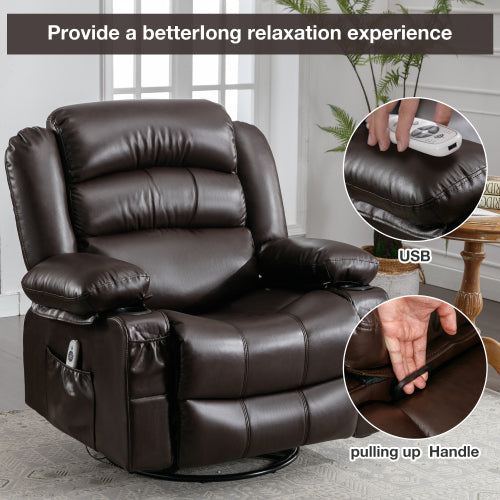 Massage Swivel Rocker Recliner Chair With Vibration Massage And Heat Ergonomic Lounge Chair For Living Room With Rocking Function And Side Pocket 2 Cup Holders Usb Charge Port Brown Faux Leather Manual Handle Metal Soft Heavy Duty Push Button Foam Pu