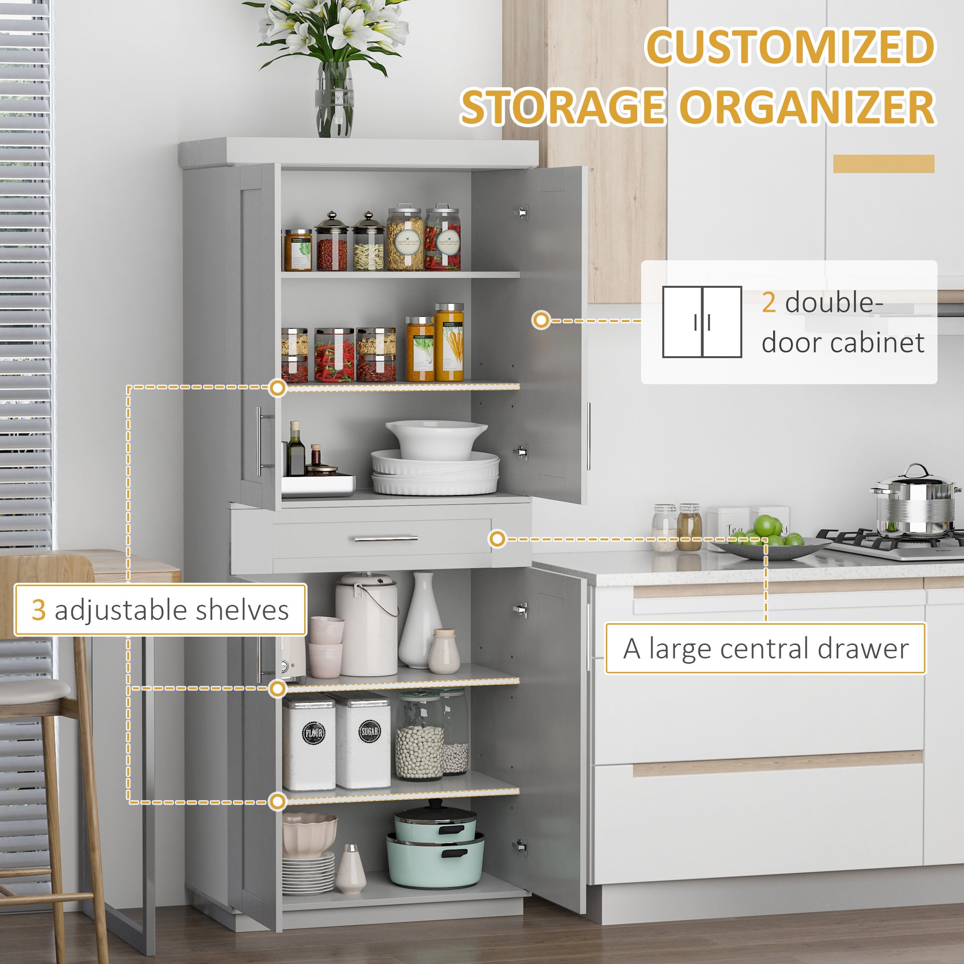 Homcom Modern Kitchen Pantry Freestanding Cabinet Cupboard With Doors And Drawer, Adjustable Shelving, Grey Grey Particle Board