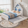Full Size House Shaped Bed With Bookcase Headboard And Led Light And Twin Size Trundle For Kids Boys Girls, Blue White Box Spring Not Required Full White Blue Wood Bedroom Cute Bed Frame Wood