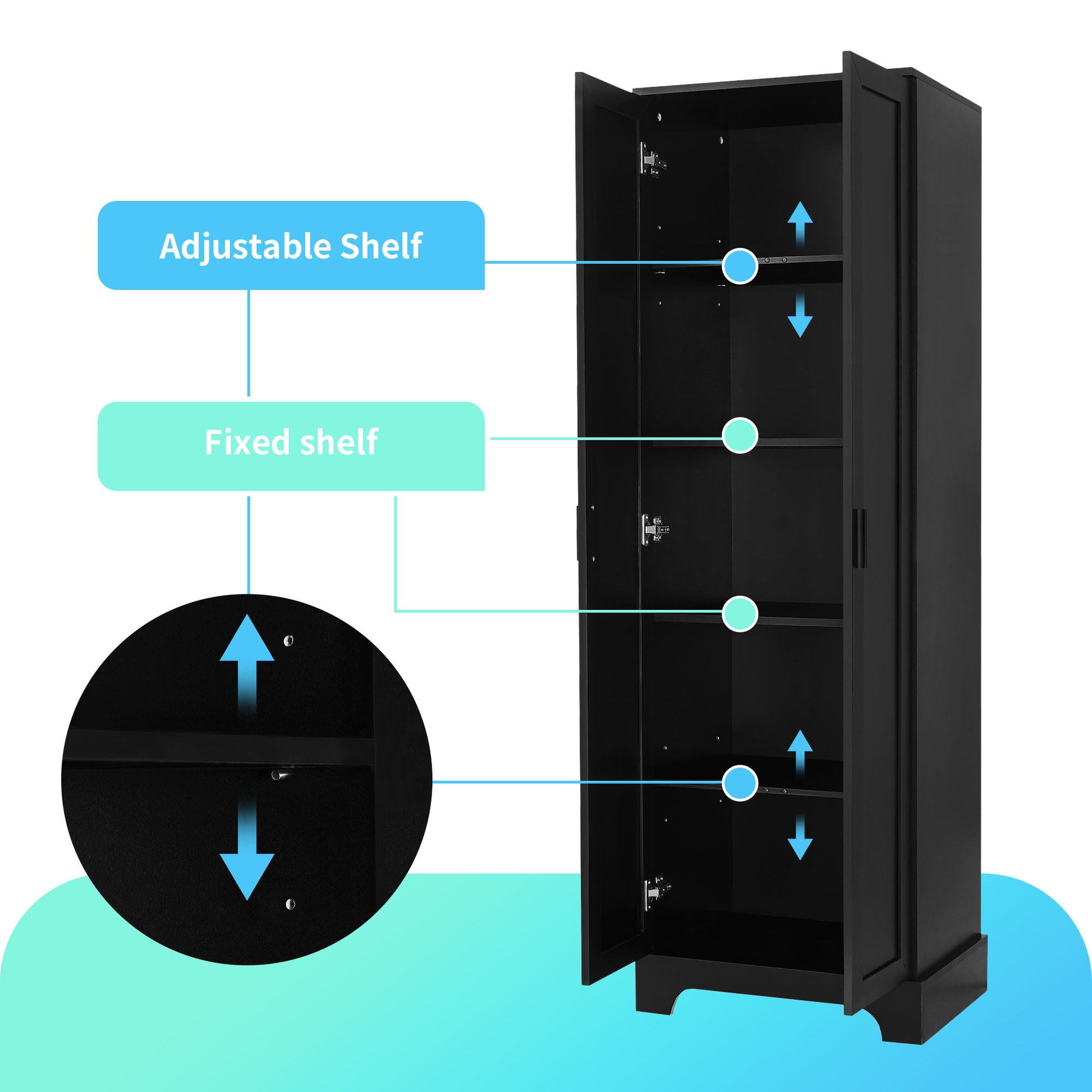 Storage Cabinet With Two Doors For Bathroom, Office, Adjustable Shelf, Mdf Board, Black Black Mdf