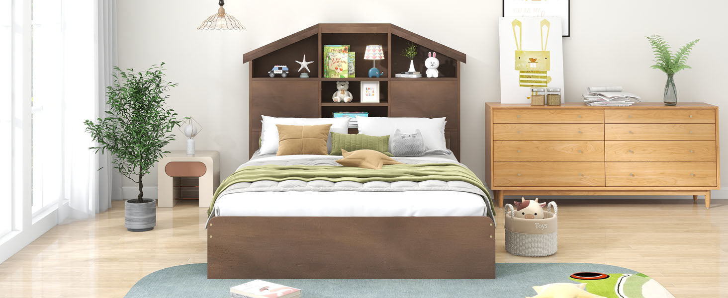 Full Size Wood Platform Bed With House Shaped Storage Headboard And 2 Drawers, Walnut Box Spring Not Required Full Walnut Wood Bedroom Solid Wood Mdf