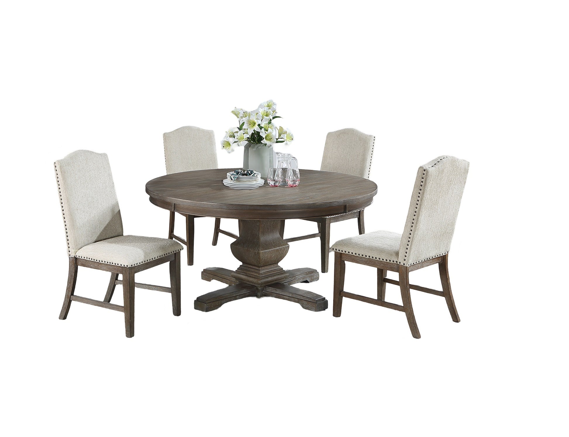 Traditional Formal 5Pc Dining Set Round Table 4X Side Chairs Pedestal Base Oak Finish Tabletrim Upholstered Cushion Dining Room Furniture Wood Dining Room Solid Wood Rubberwood Round Dining Table With Chair Upholstered Chair Wood Oak Seats 4 60 Inches