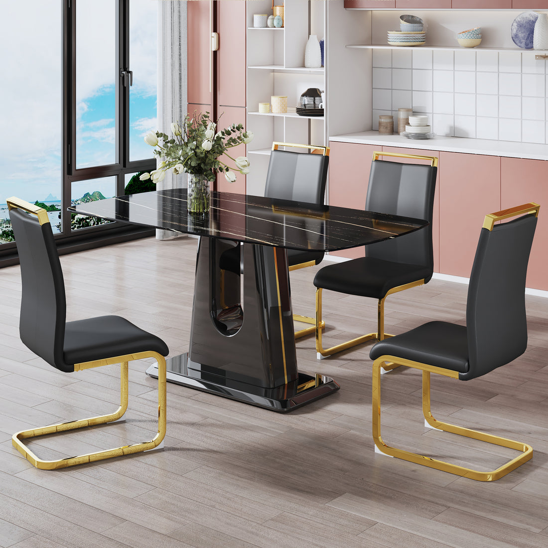1 Table And 4 Chairs. Modern, Simple And Luxurious Black Imitation Marble Rectangular Dining Table And Desk With 4 Black Pu Gold Plated Leg Chairs 63'' X 35.4'' X 30'' Black Mdf