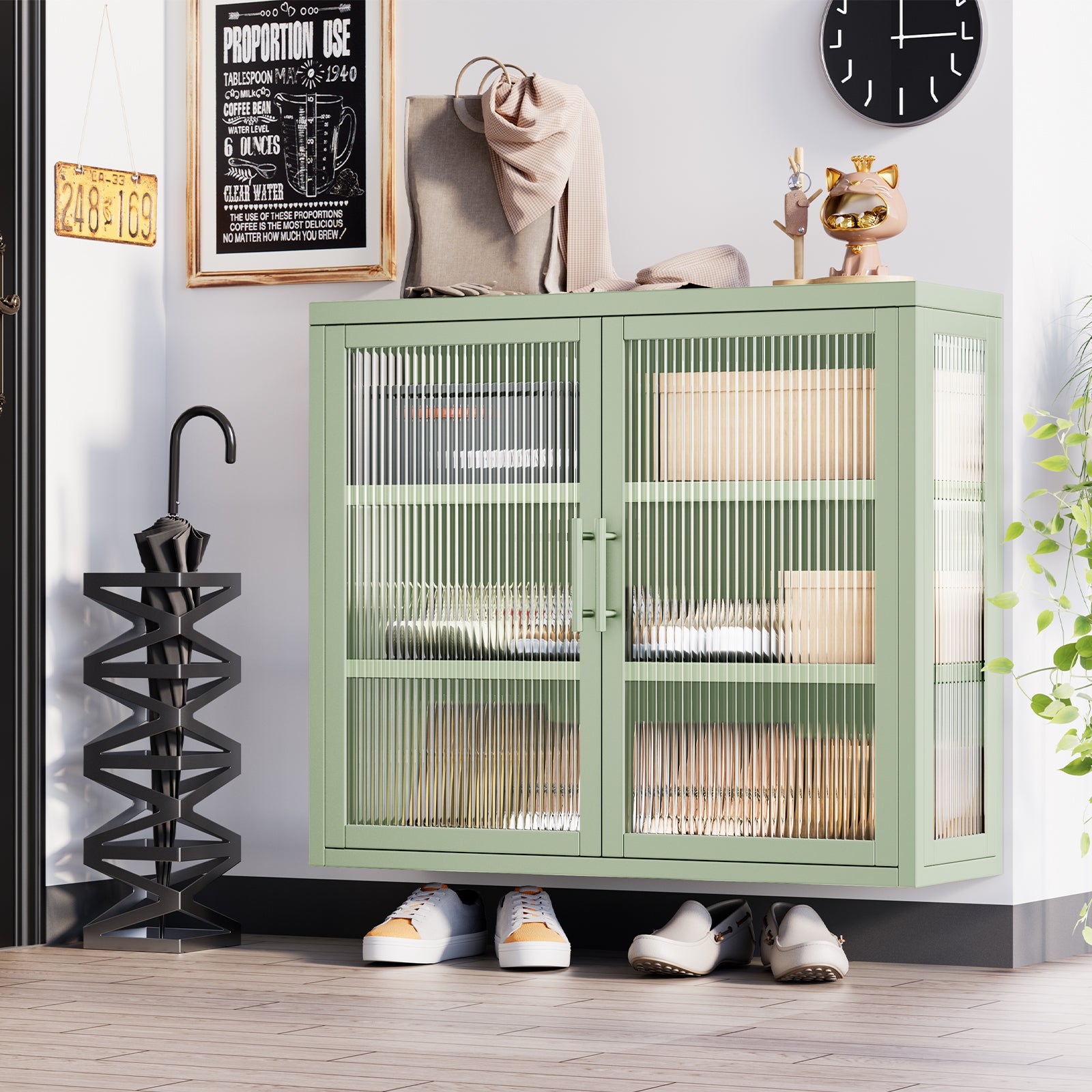 Retro Style Haze Double Glass Door Wall Cabinet With Detachable Shelves For Office, Dining Room,Living Room, Kitchen And Bathroom Mint Green Mint Green Tempered Glass Sheet Metal Plastic