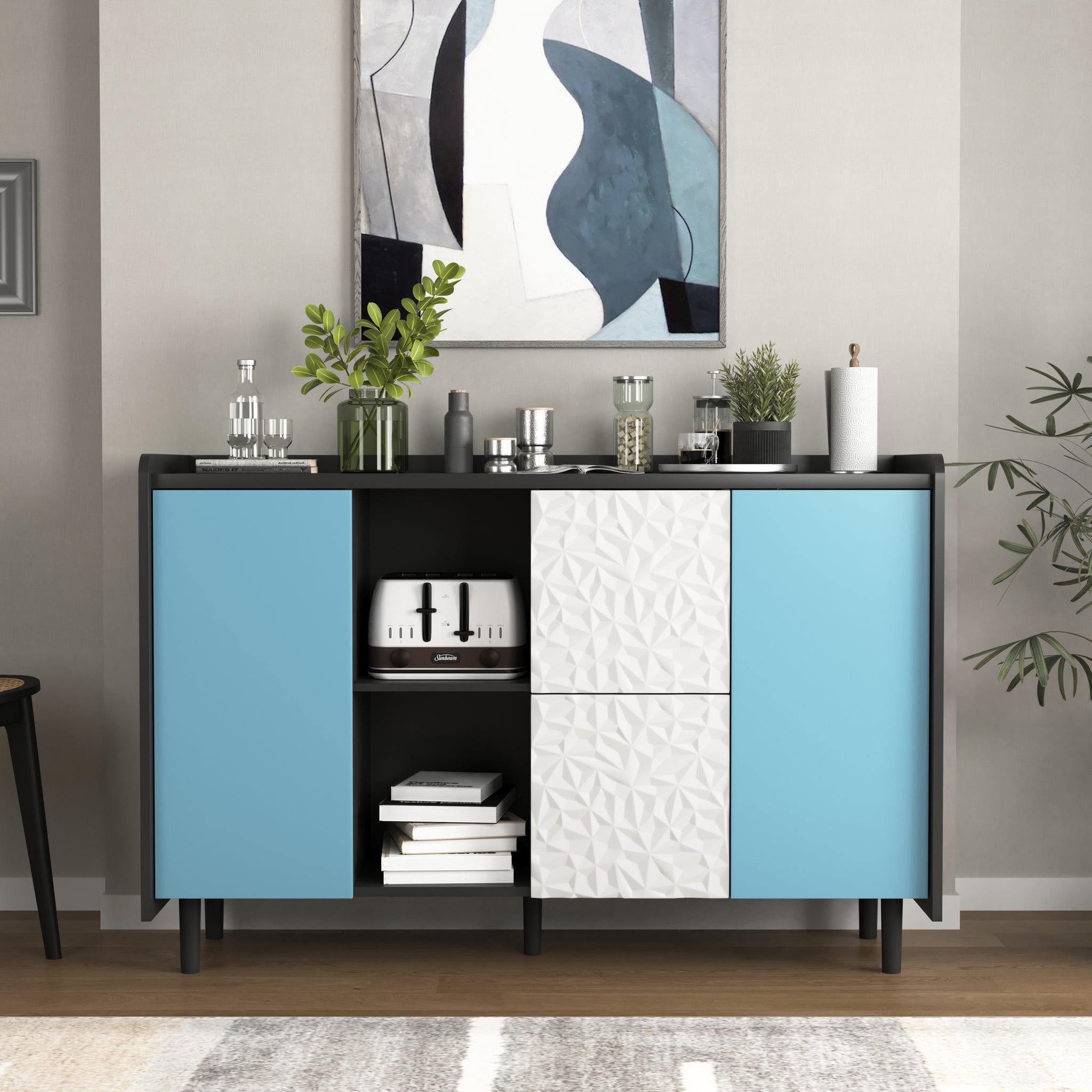 Sideboard Buffet Cabinet, Black Storage Cabinet With Blue Doors2 Drawers With Unique Panel Styling And 2 Open Storage Compartment, Modern Coffee Bar Cabinet Accent Cabinet For Kitchen, Dining Room Black Blue Mdf