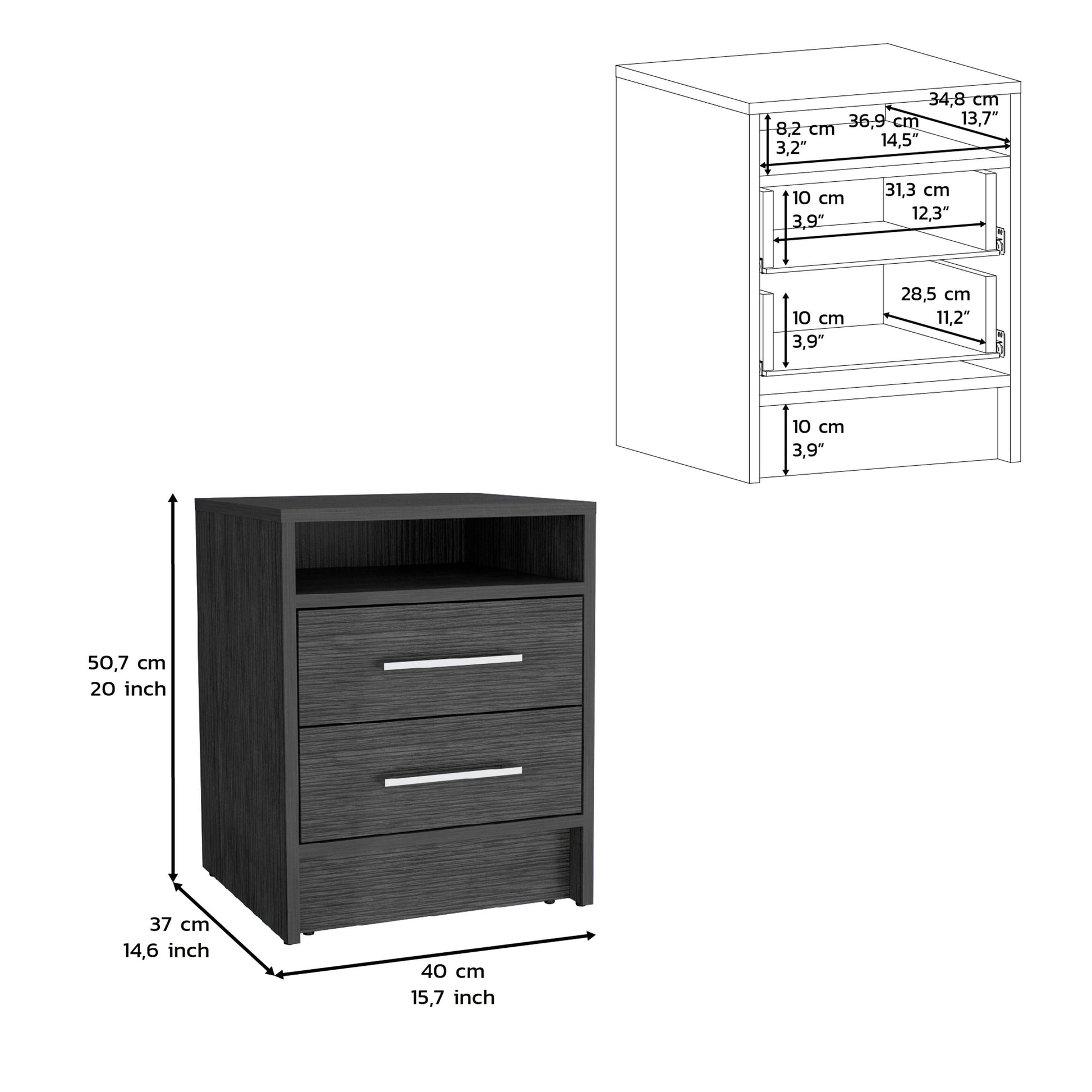 Nightstand 20"H, Two Drawers, Superior Top, Metal Handles, Smokey Oak Gray Particle Board Particle Board