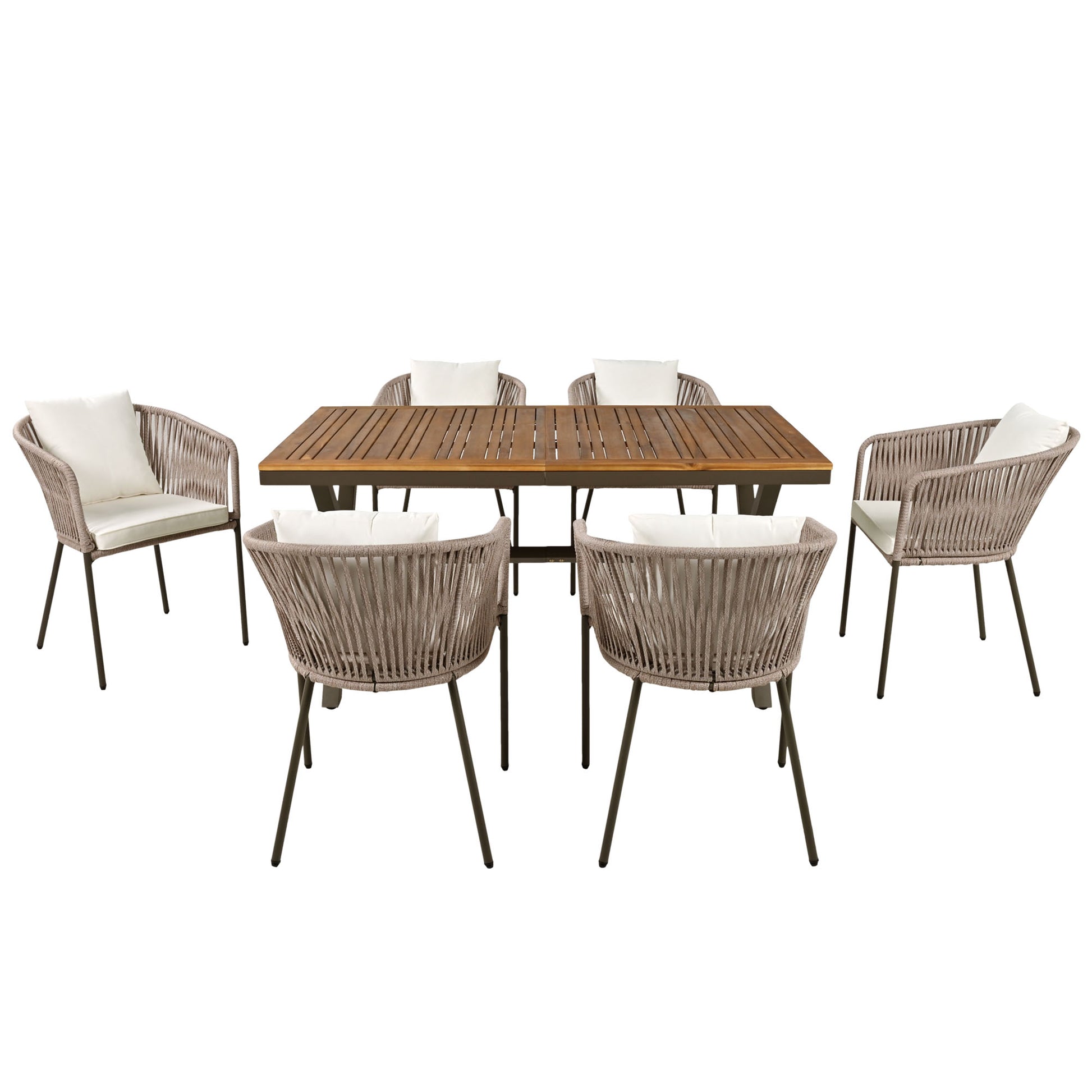 7 Pieces Patio Dining Set, All Weather Outdoor Furniture Set With Dining Table And Chairs, Acacia Wood Tabletop, Metal Frame, For For Garden, Backyard, Balcony, Beige Yes Beige Seats 6 Garden &