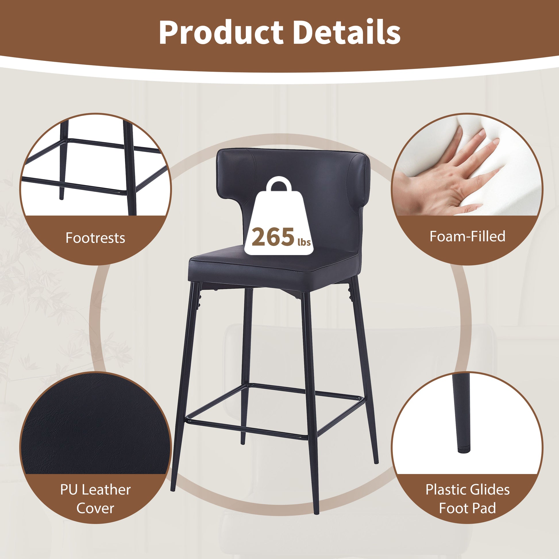 28Inch Counter Height Bar Stools Set Of 2, Modern Bar Upholstered Chairs With Pu Leather, Metal Footrest And Frame For Kitchen Island, Bar Table, Dining Room, Black Solid Kitchen Solid Back Set Of 2