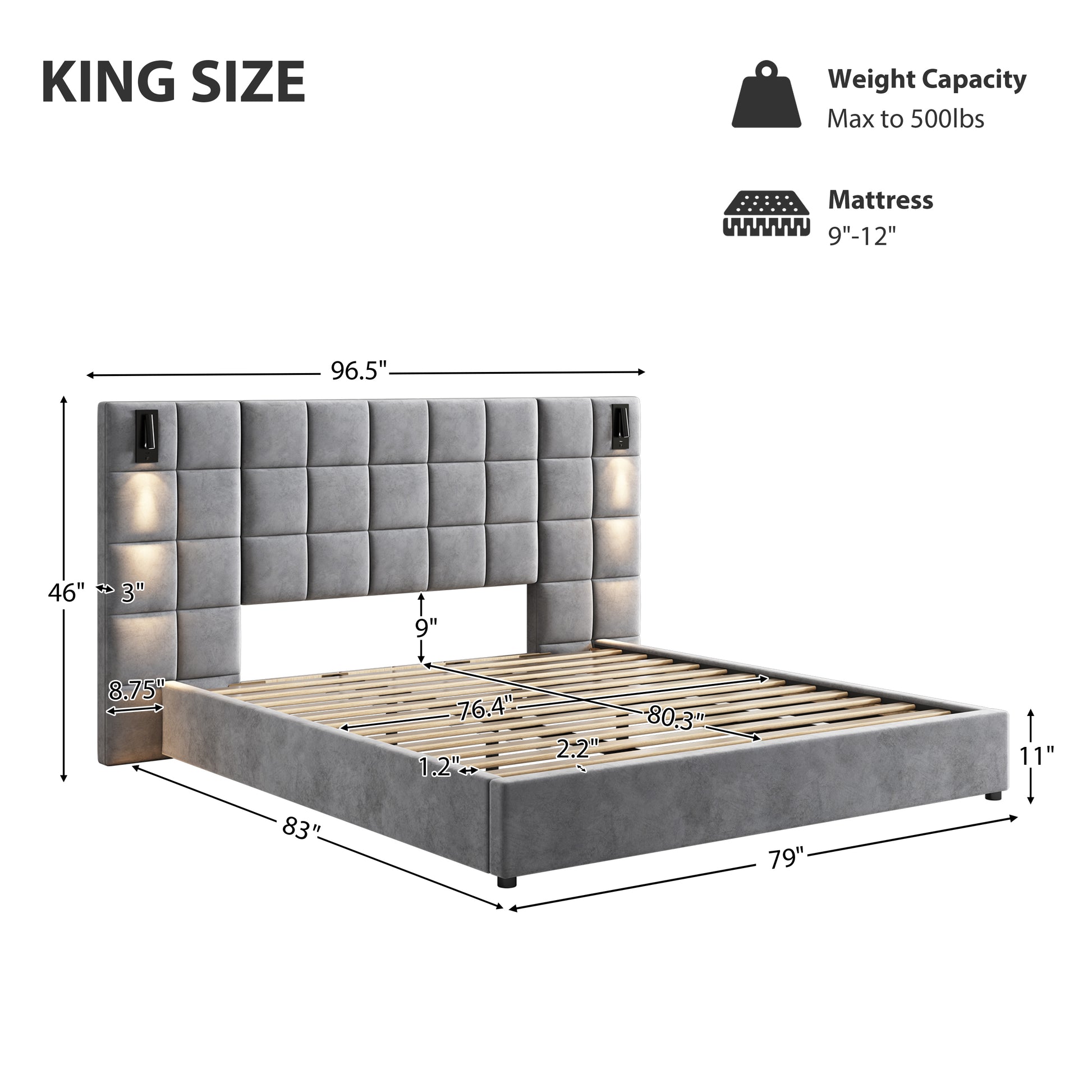 Upholstered King Bed,With Reading Lamp And Usb Port, Wide Headboard,Without Bedside Tables And Mattress, Velvet, Grey King Grey Wood Foam,Upholstered,Velvet