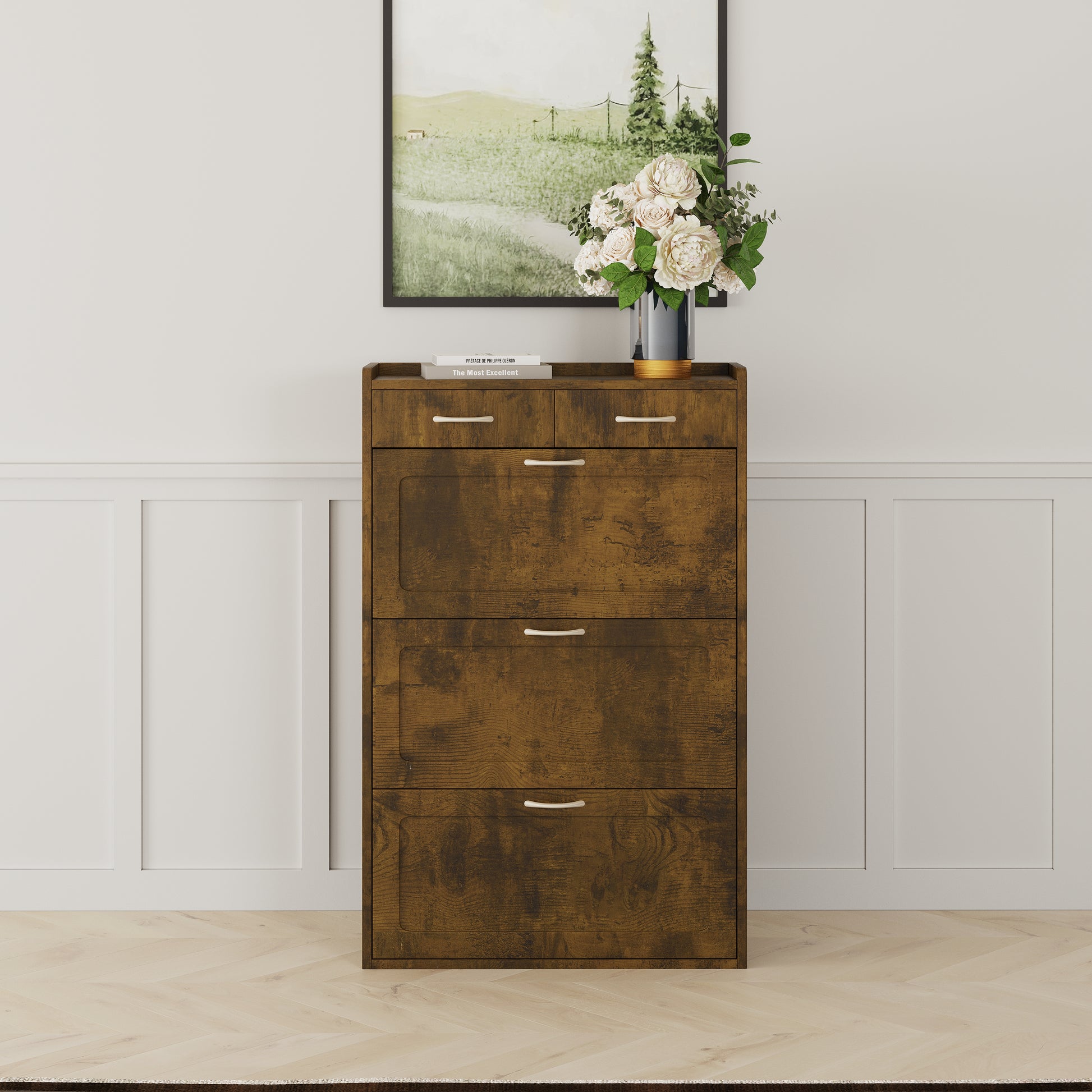 2408 Black Brown Solid Wood Shoe Cabinet, Three Layers, Flip Bucket Shoe Storage Cabinet, Simple And Generous For A Variety Of Home Styles Brown Mdf