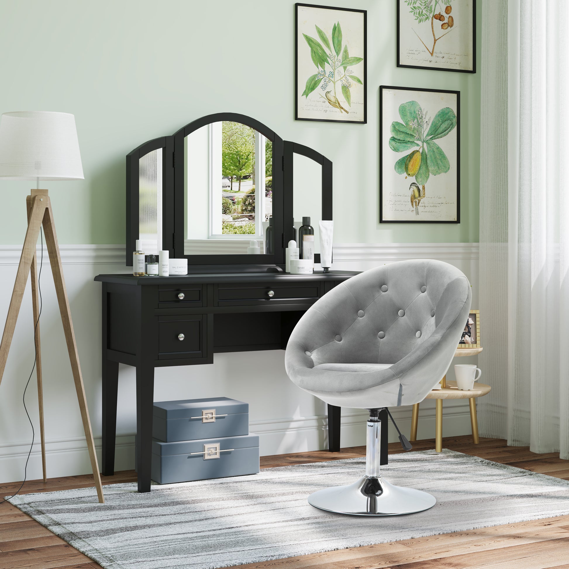 Homcom Modern Makeup Vanity Chair Round Tufted Swivel Accent Chair With Chrome Frame Height Adjustable For Living Room, Bedroom Gray Gray Polyester