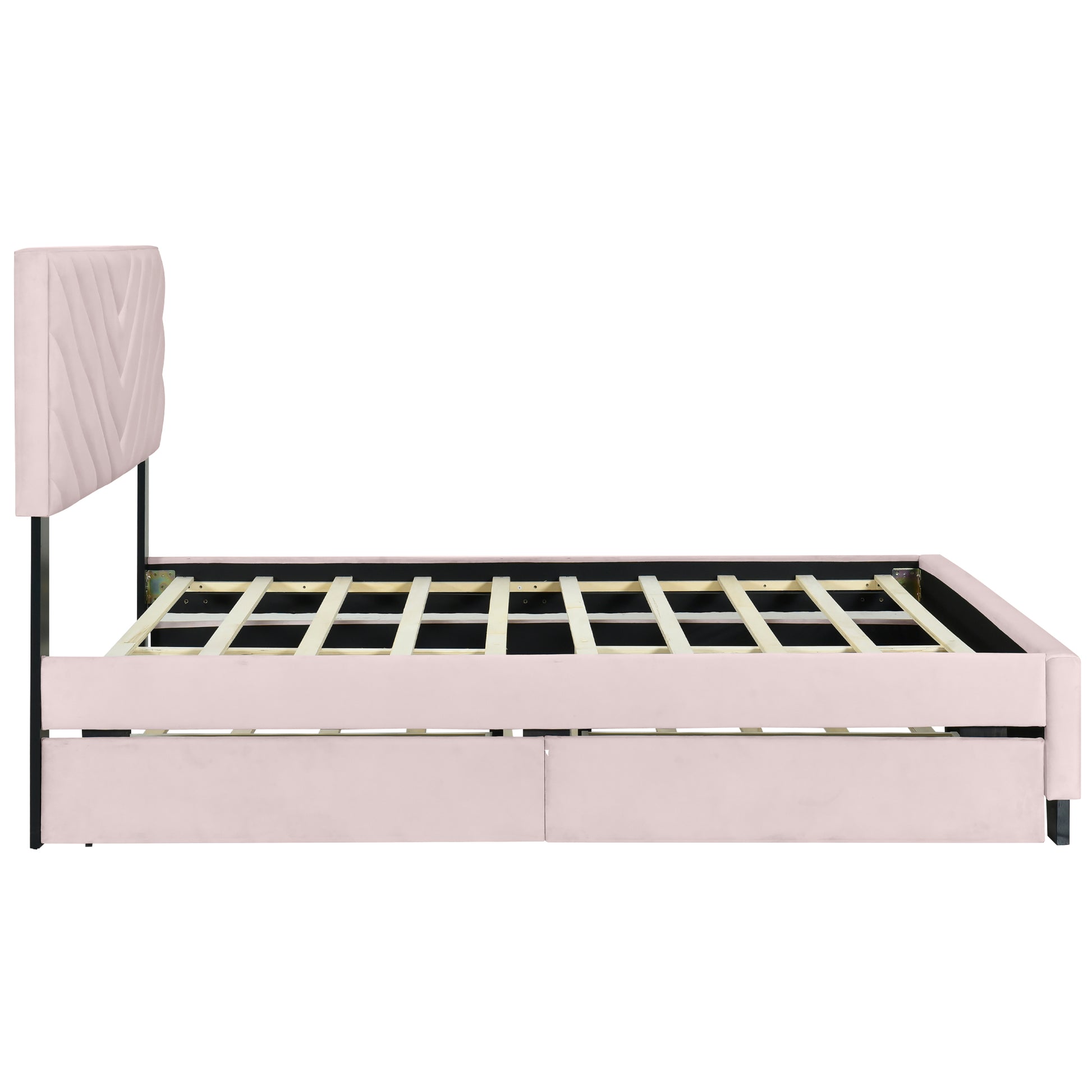 Queen Size Upholstered Platform Bed With Twill Headboard, Pullout Bed And Two Drawers, Flannel,Pink Queen Pink Mdf Lvl