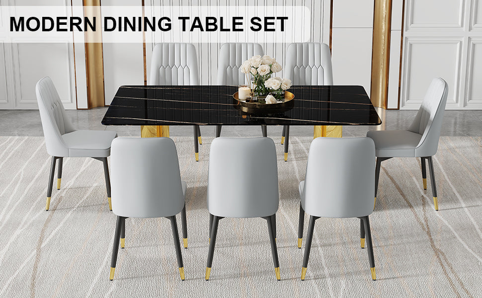 Table And Chair Set.The Table Has A Glass Top With Imitation Marble Pattern Stickers And Stainless Steel Golden Legs. Paried With Chairs With Pu Artificial Leather Backrest Cushions And Black Legs. Black Gold Seats 8 Glass Metal