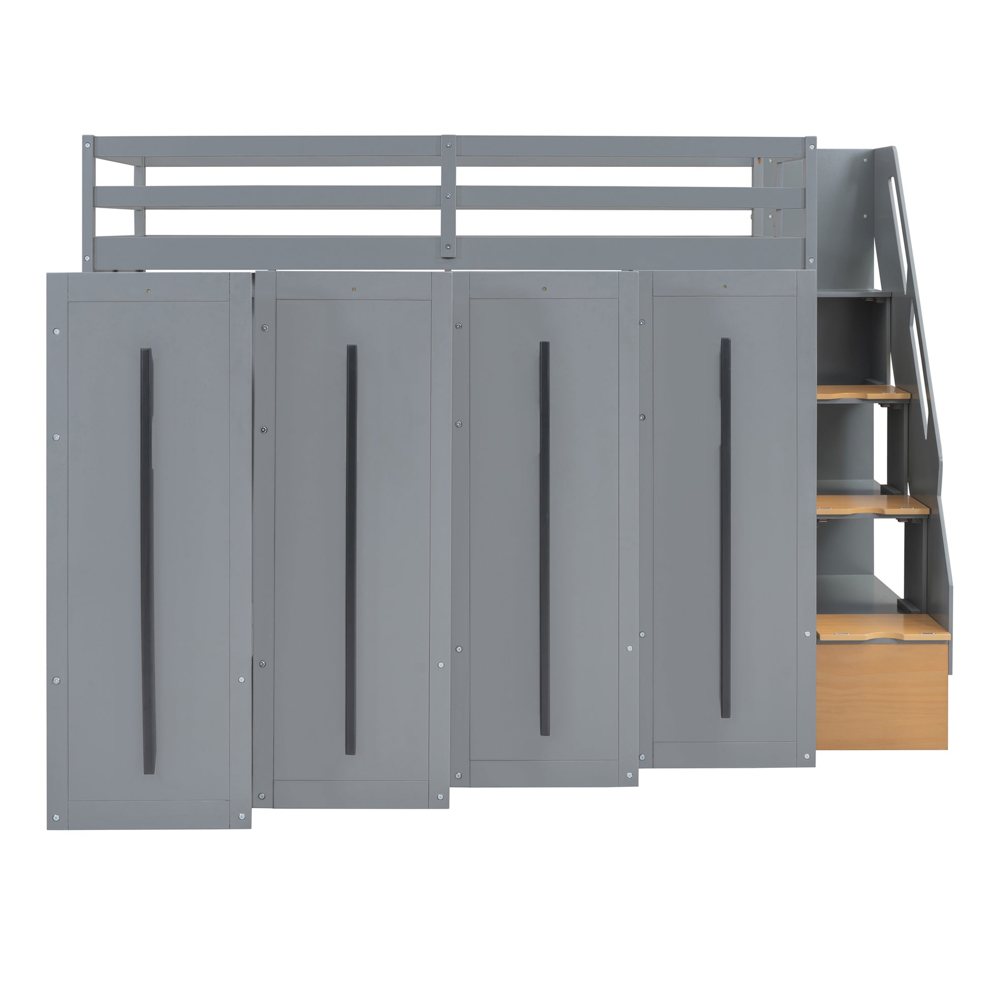 Modern Loft Bed With Two Tone Storage Stairs And Pull Out Wardrobes, Gray Twin Gray Solid Wood Mdf